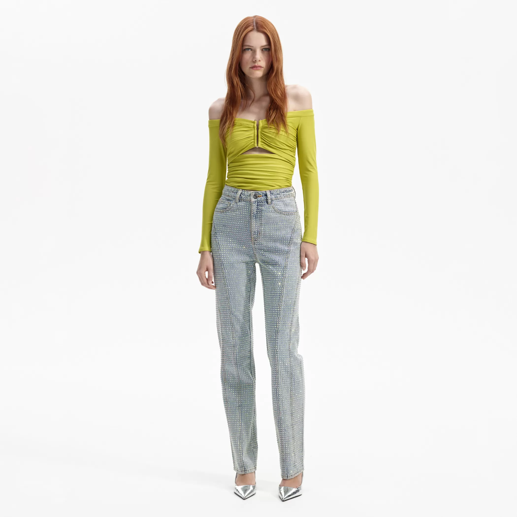 Self-Portrait > Chartreuse Jersey Off Shoulder Top