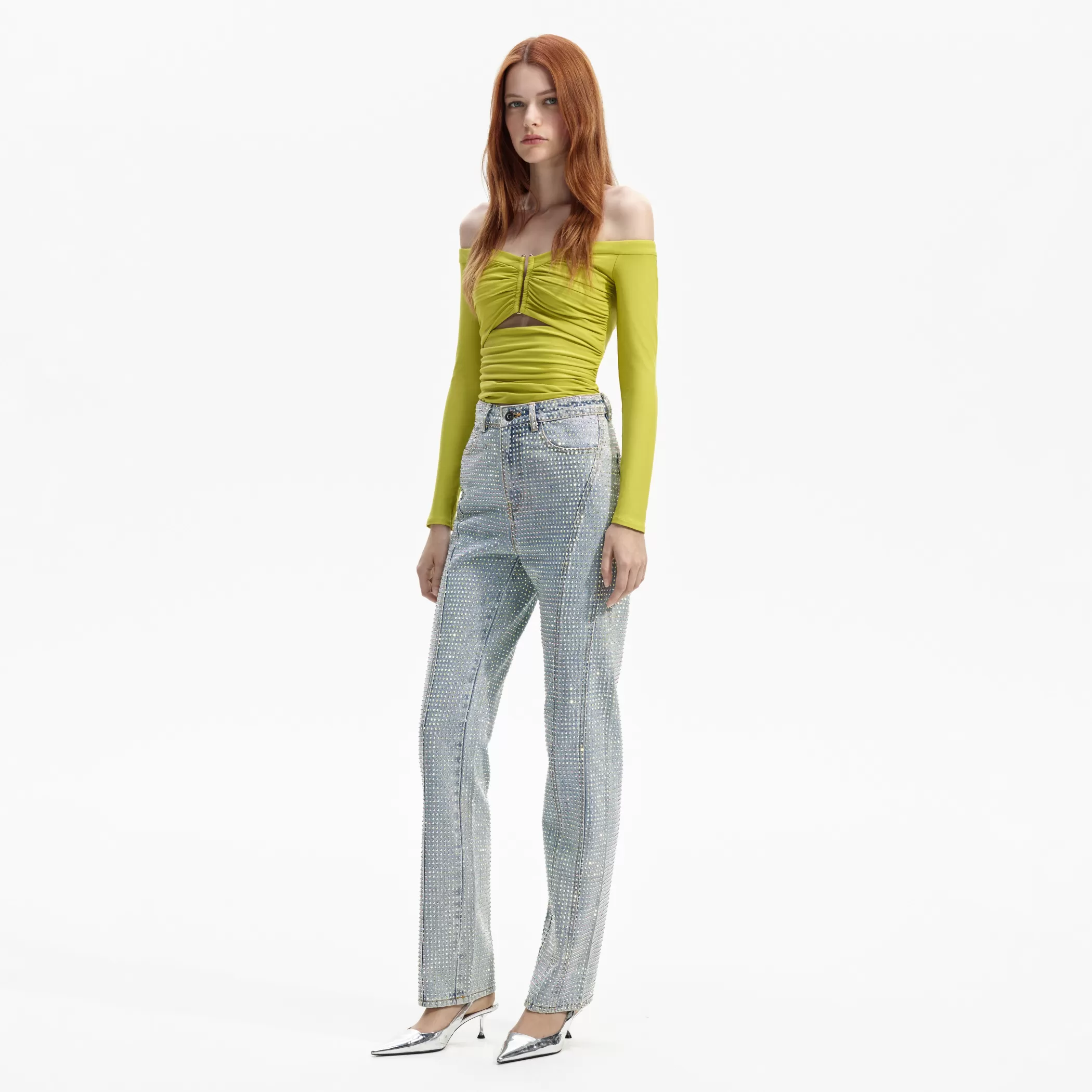 Self-Portrait > Chartreuse Jersey Off Shoulder Top