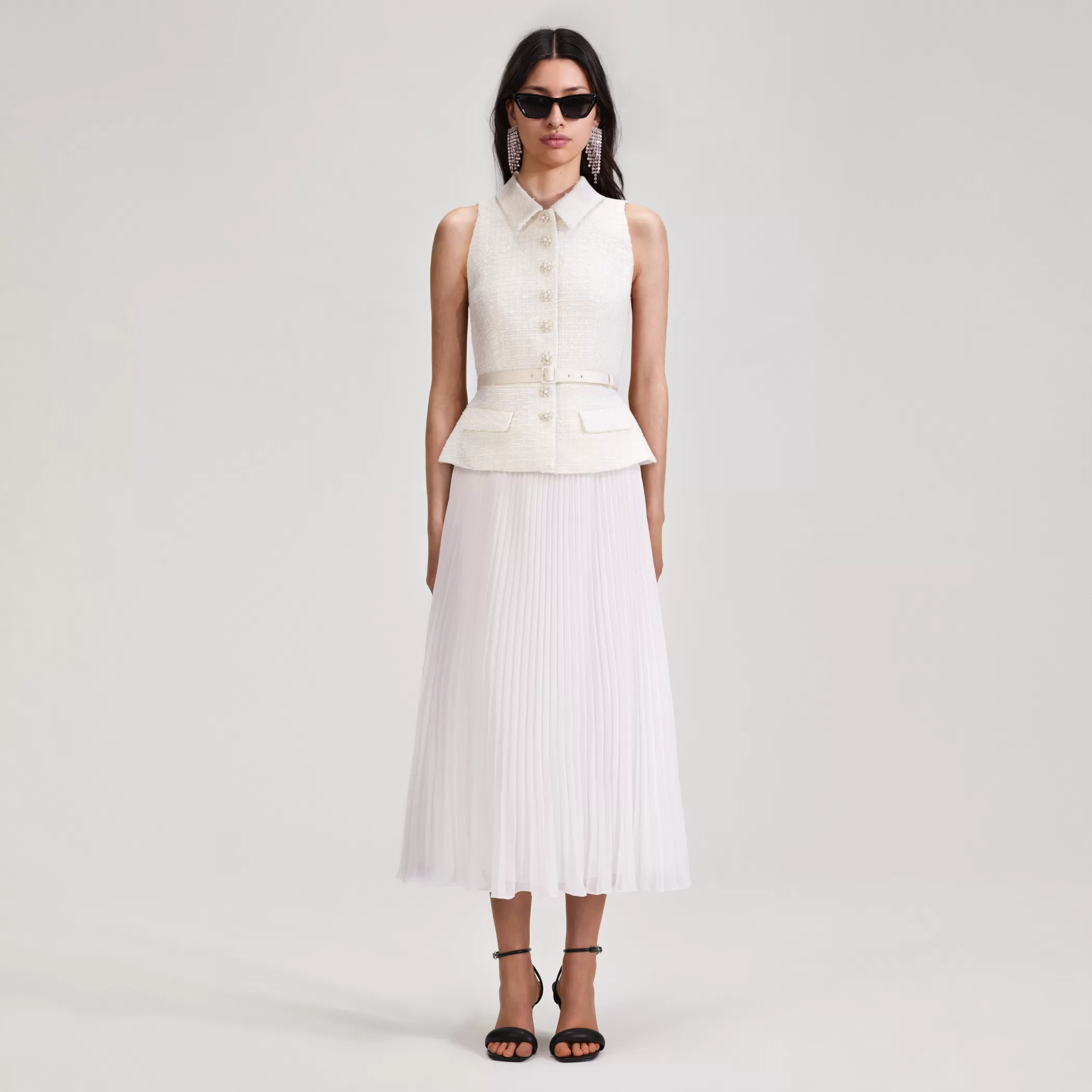 Self-Portrait > Cream Boucle Bodice Chiffon Midi Dress