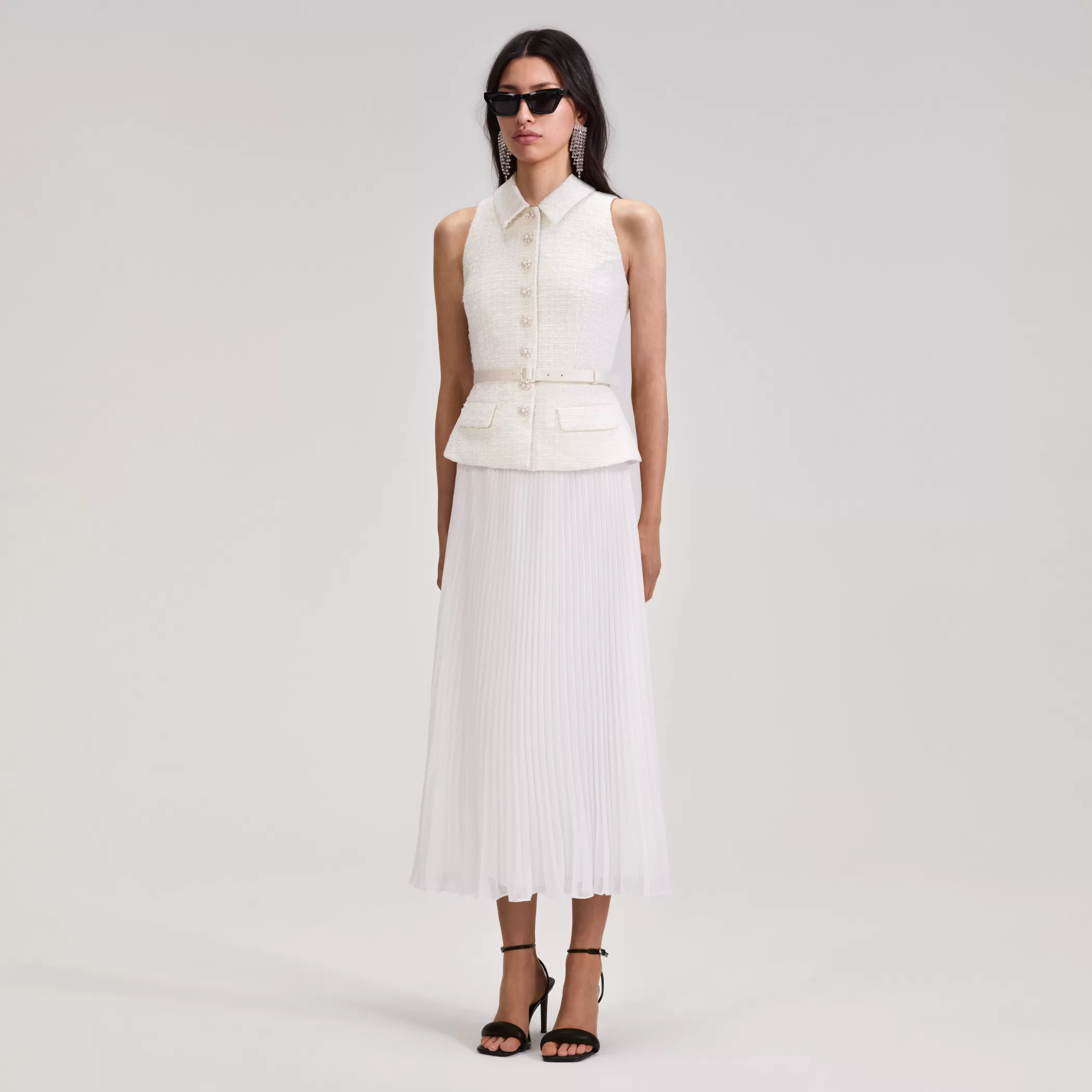 Self-Portrait > Cream Boucle Bodice Chiffon Midi Dress