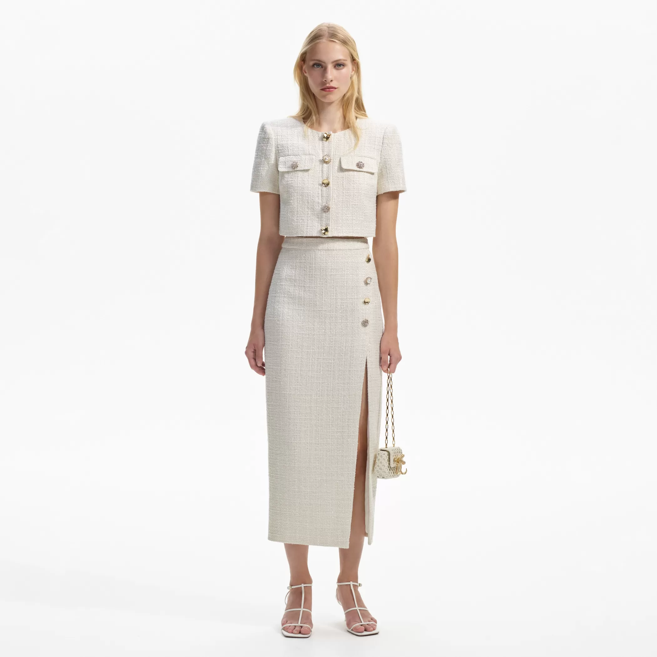 Self-Portrait > Cream Boucle Midi Skirt