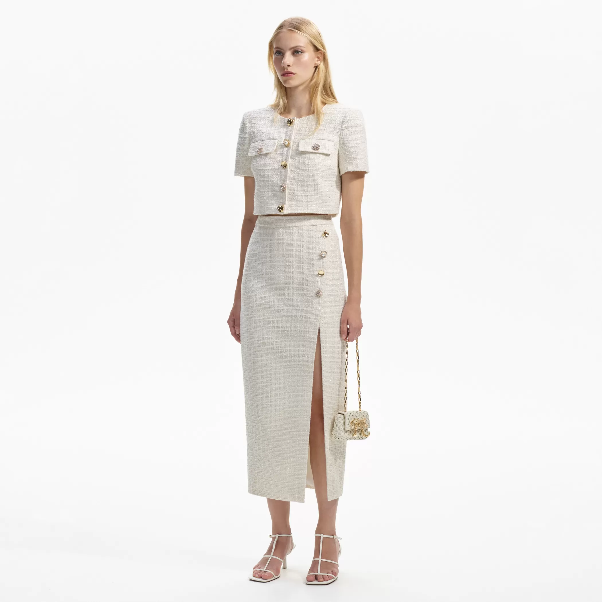 Self-Portrait > Cream Boucle Midi Skirt