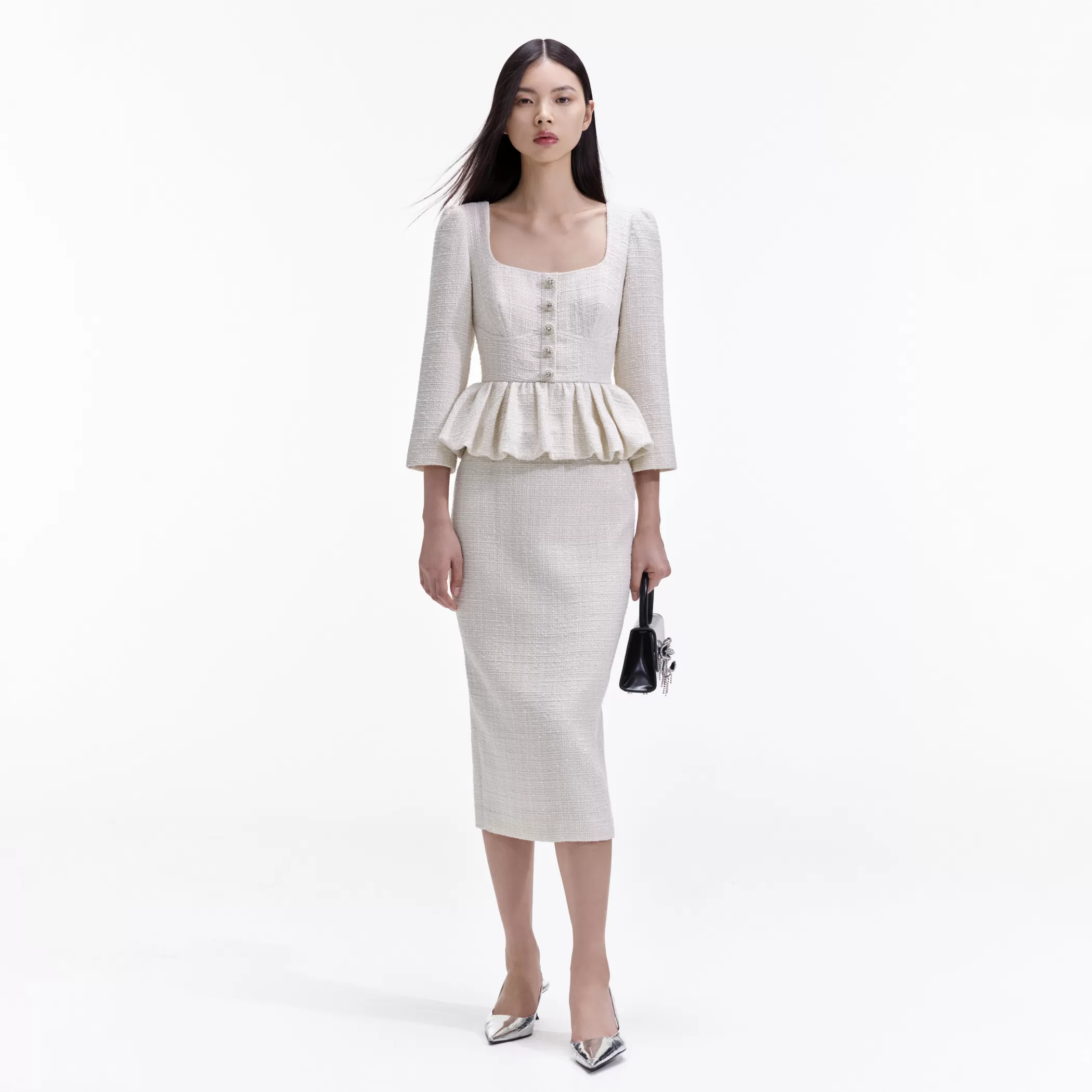 Self-Portrait > Cream Boucle Peplum Midi Dress