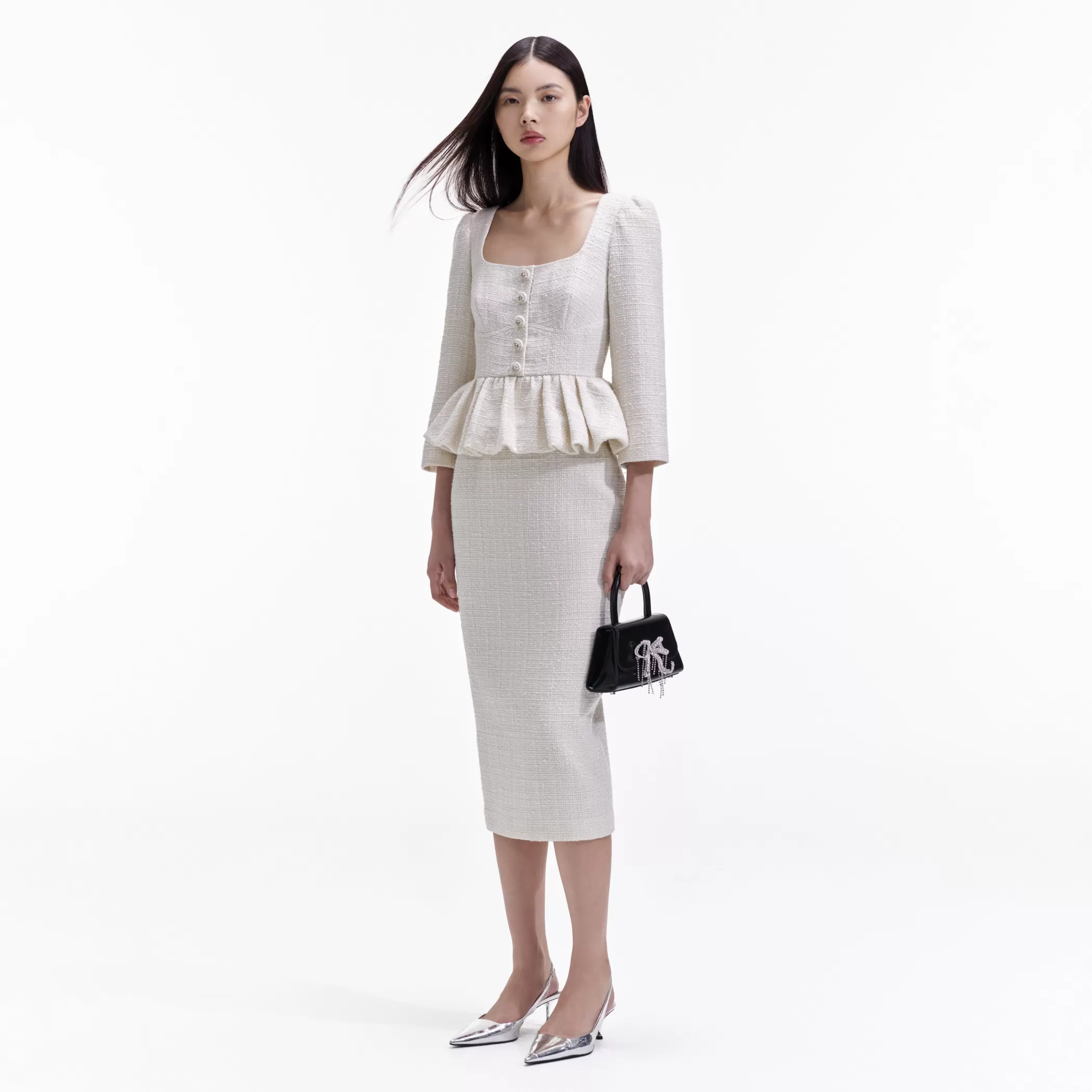 Self-Portrait > Cream Boucle Peplum Midi Dress