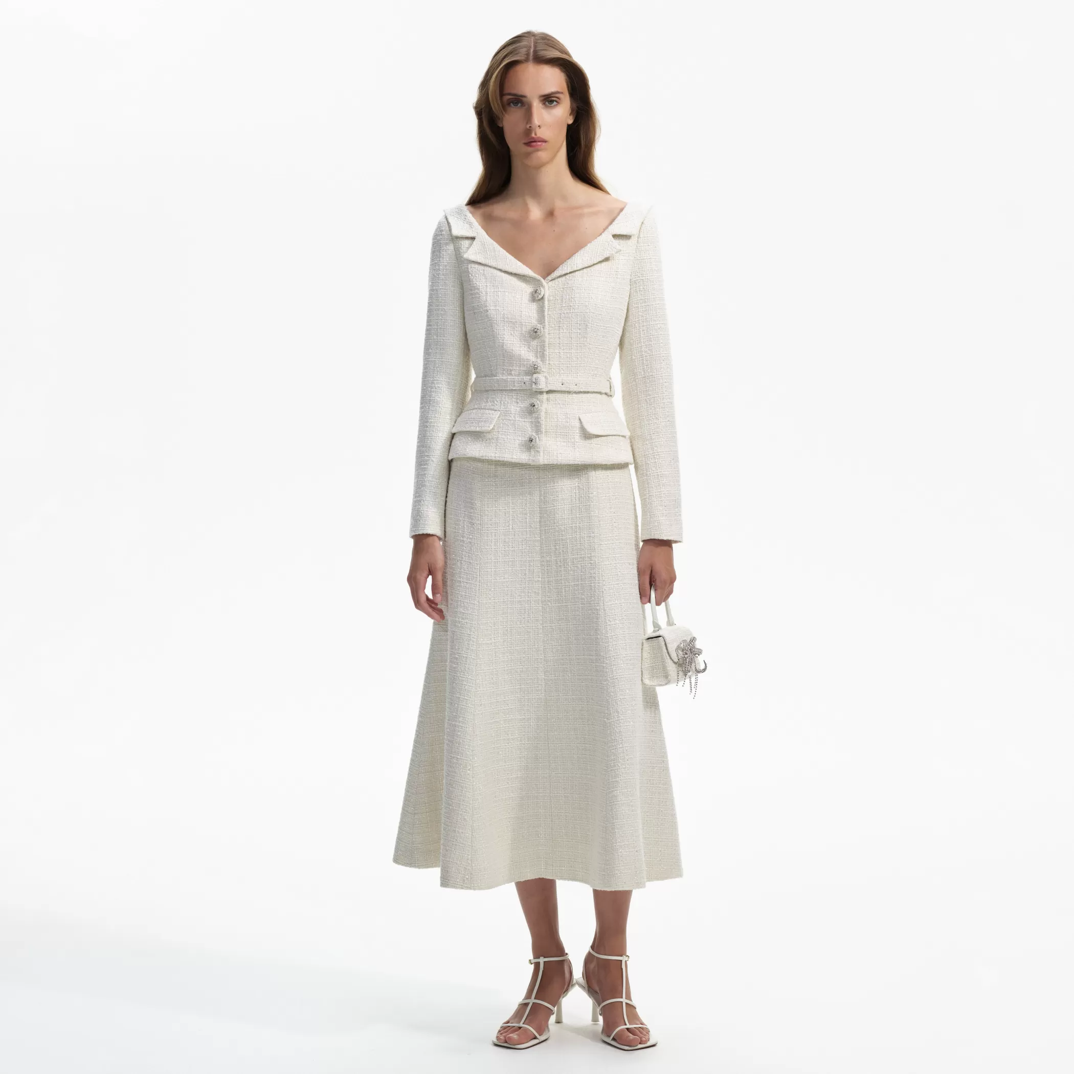 Self-Portrait > Cream Boucle Tailored Off Shoulder Midi Dress