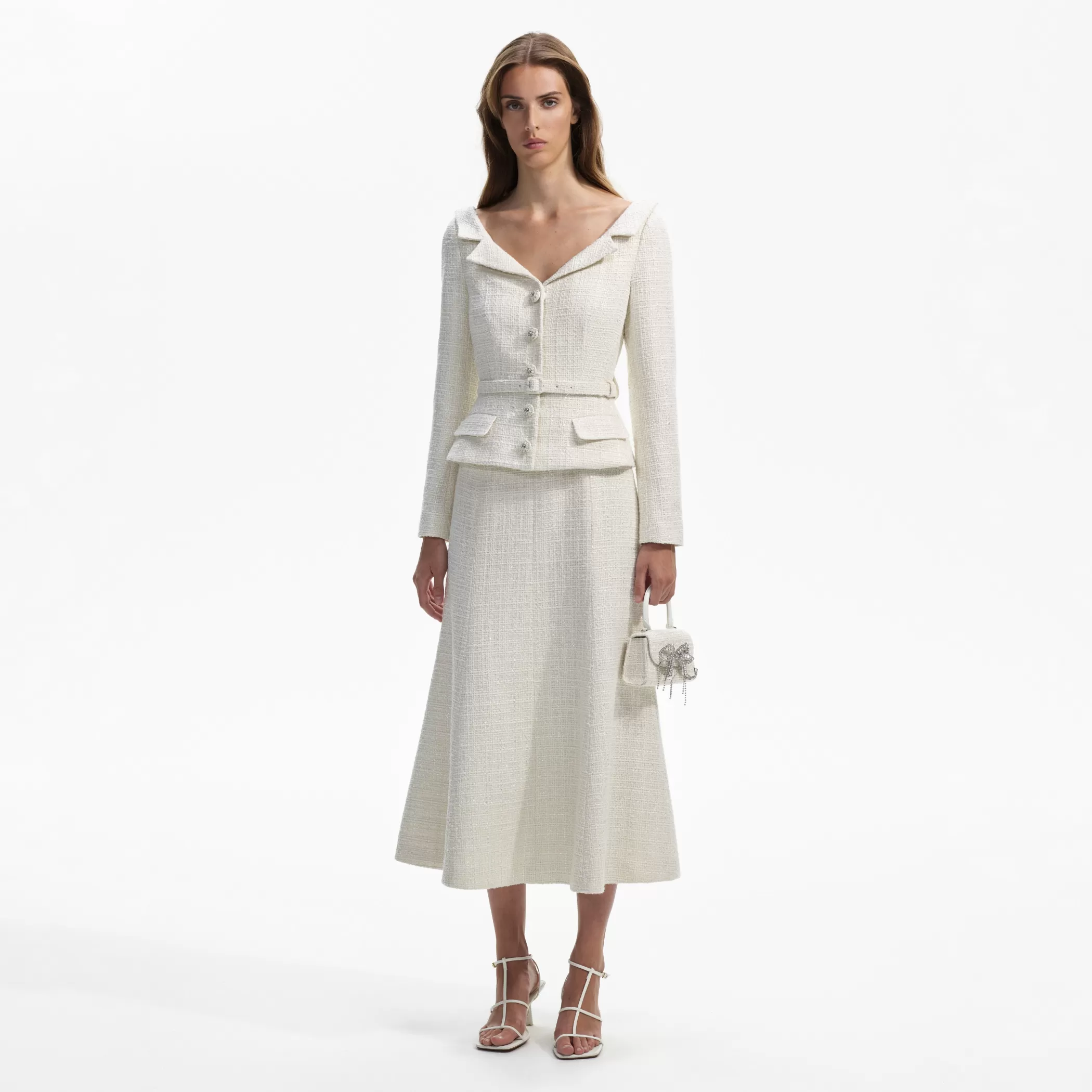 Self-Portrait > Cream Boucle Tailored Off Shoulder Midi Dress