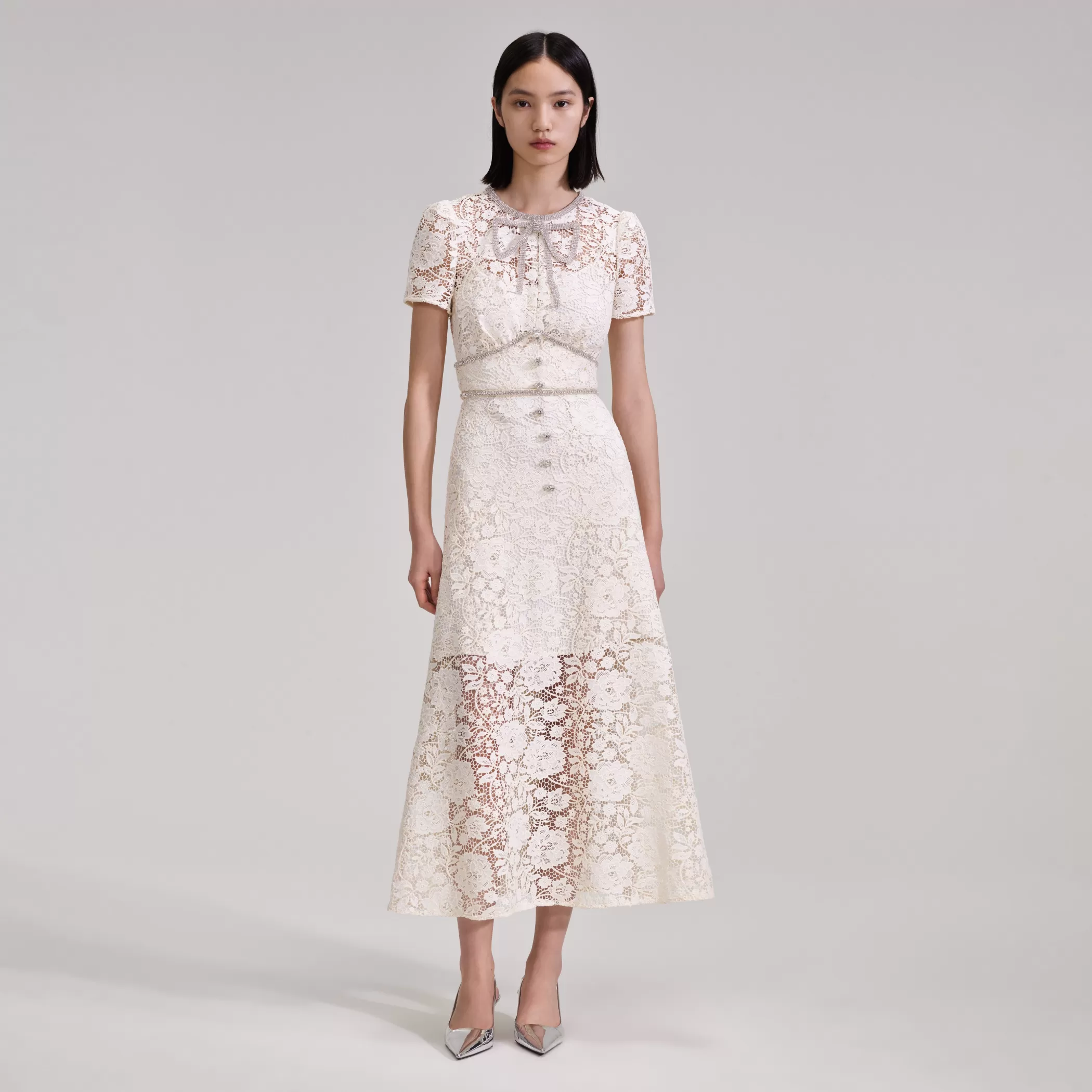 Self-Portrait > Cream Cord Lace Bow Midi Dress