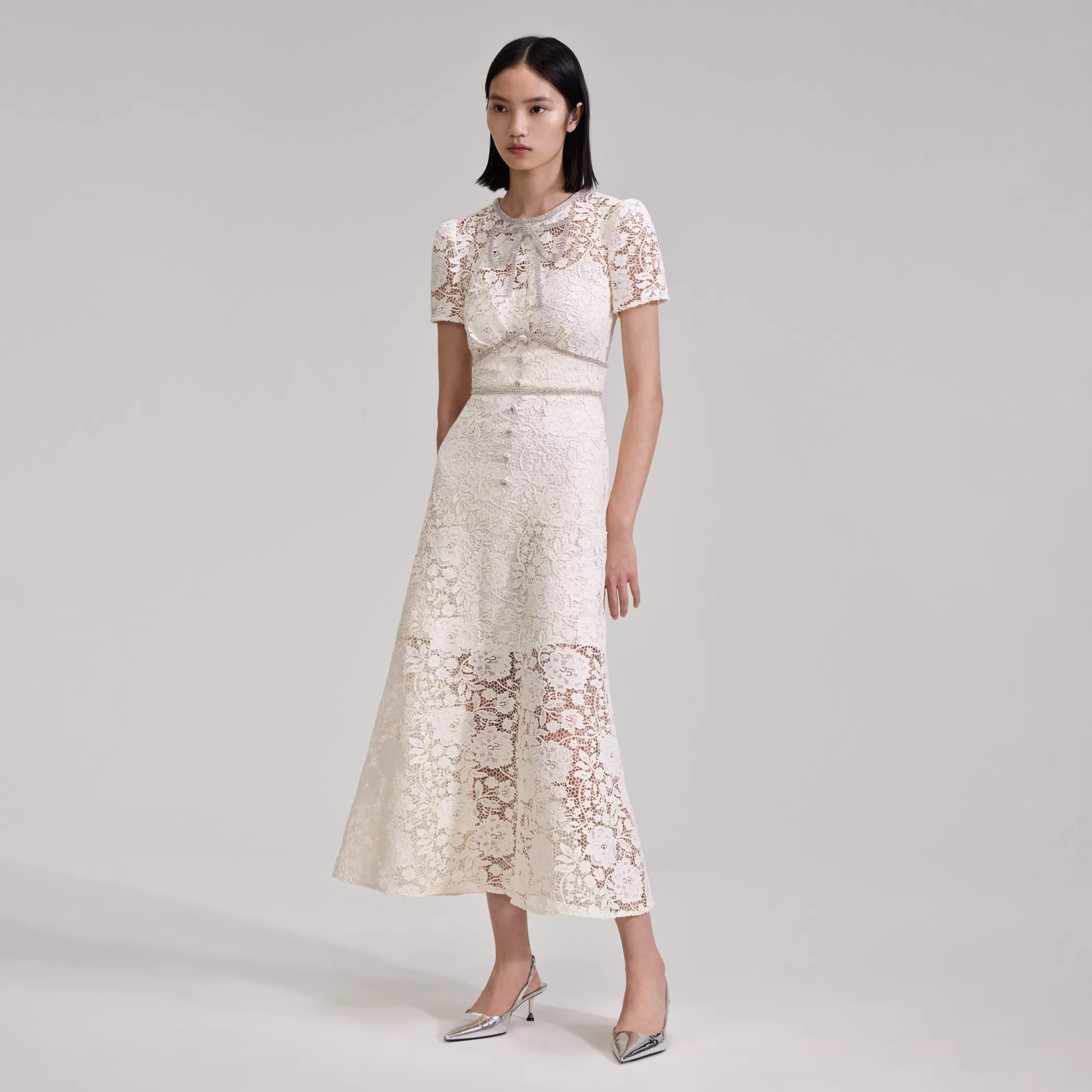 Self-Portrait > Cream Cord Lace Bow Midi Dress