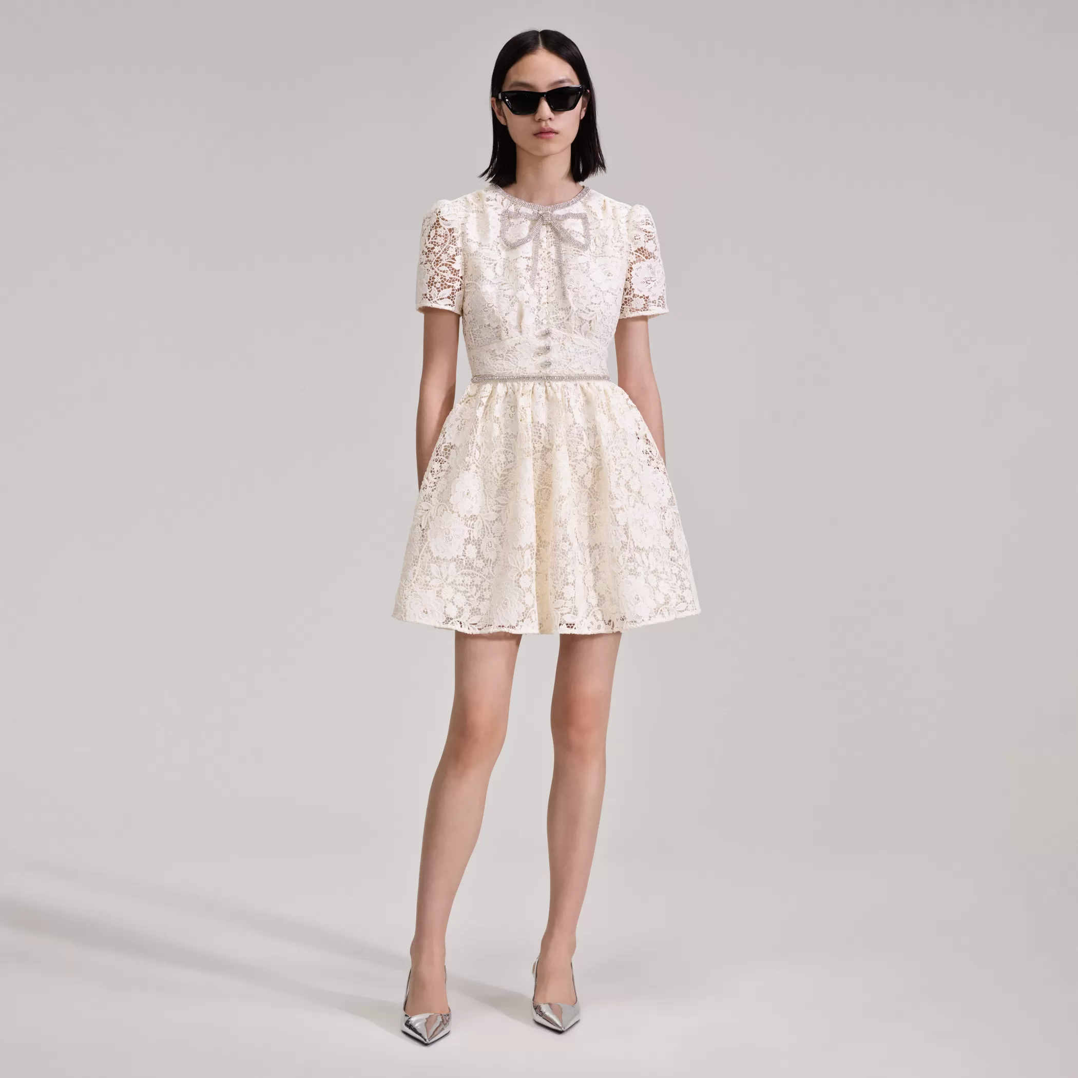 Self-Portrait > Cream Cord Lace Bow Mini Dress