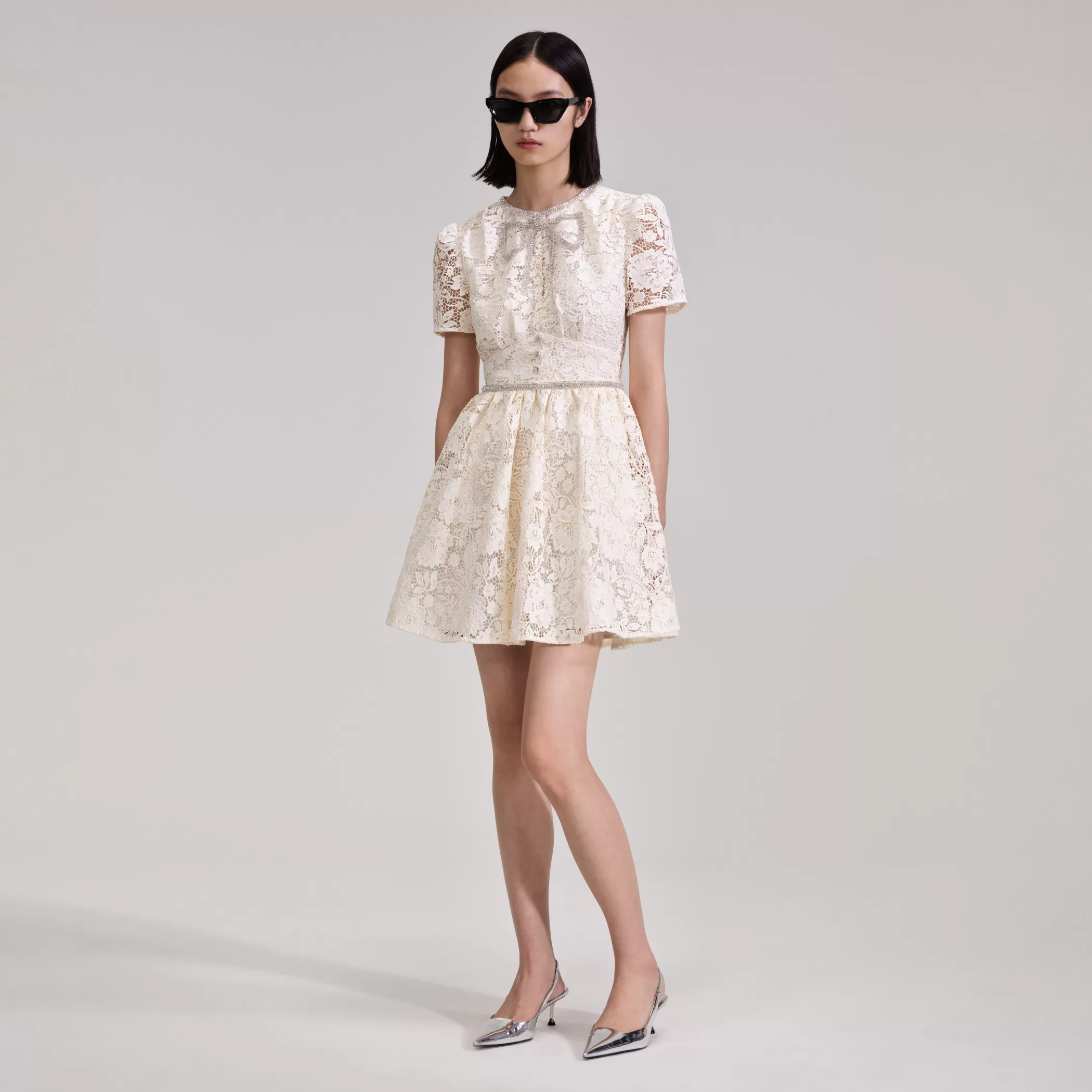 Self-Portrait > Cream Cord Lace Bow Mini Dress