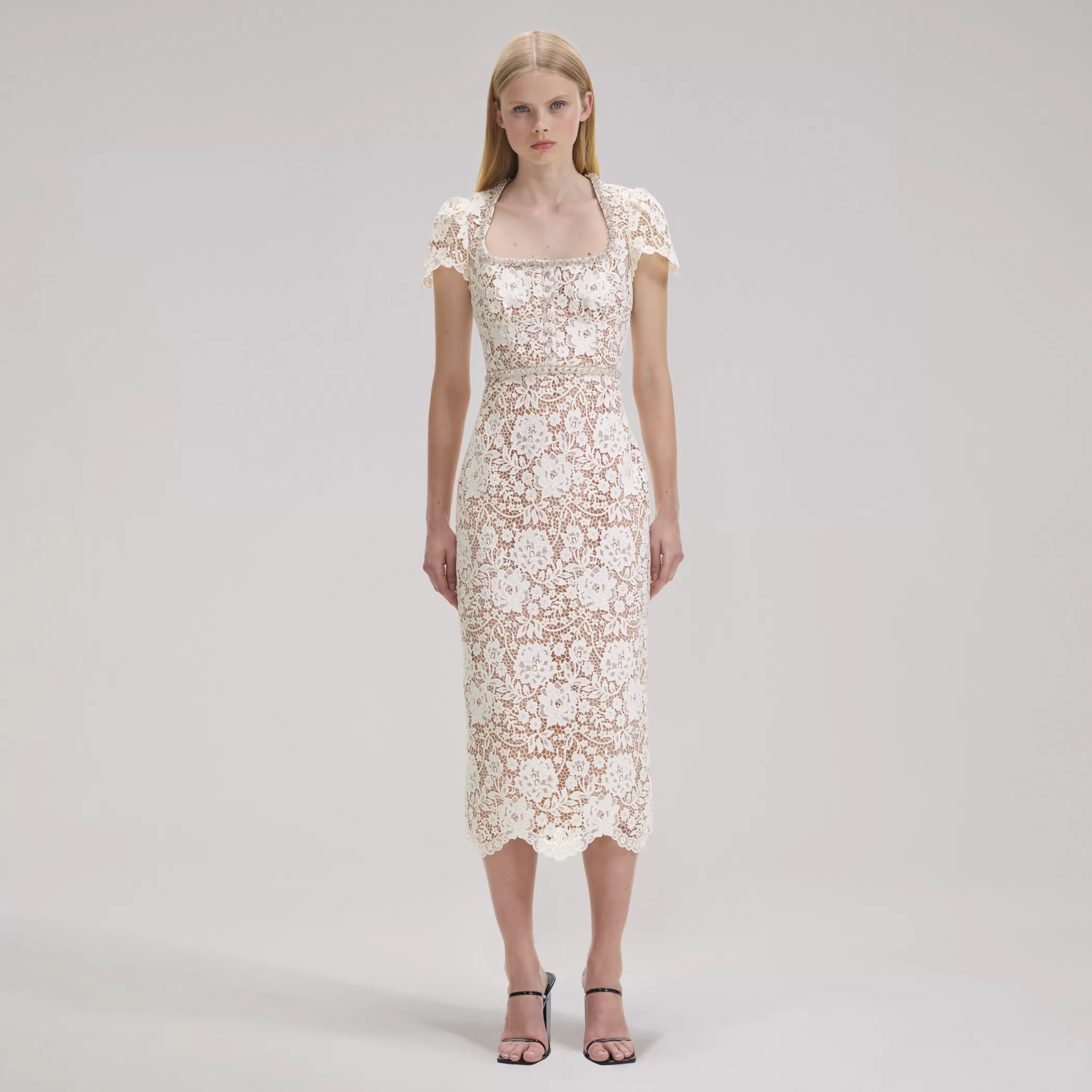 Self-Portrait > Cream Cord Lace Diamante Midi Dress