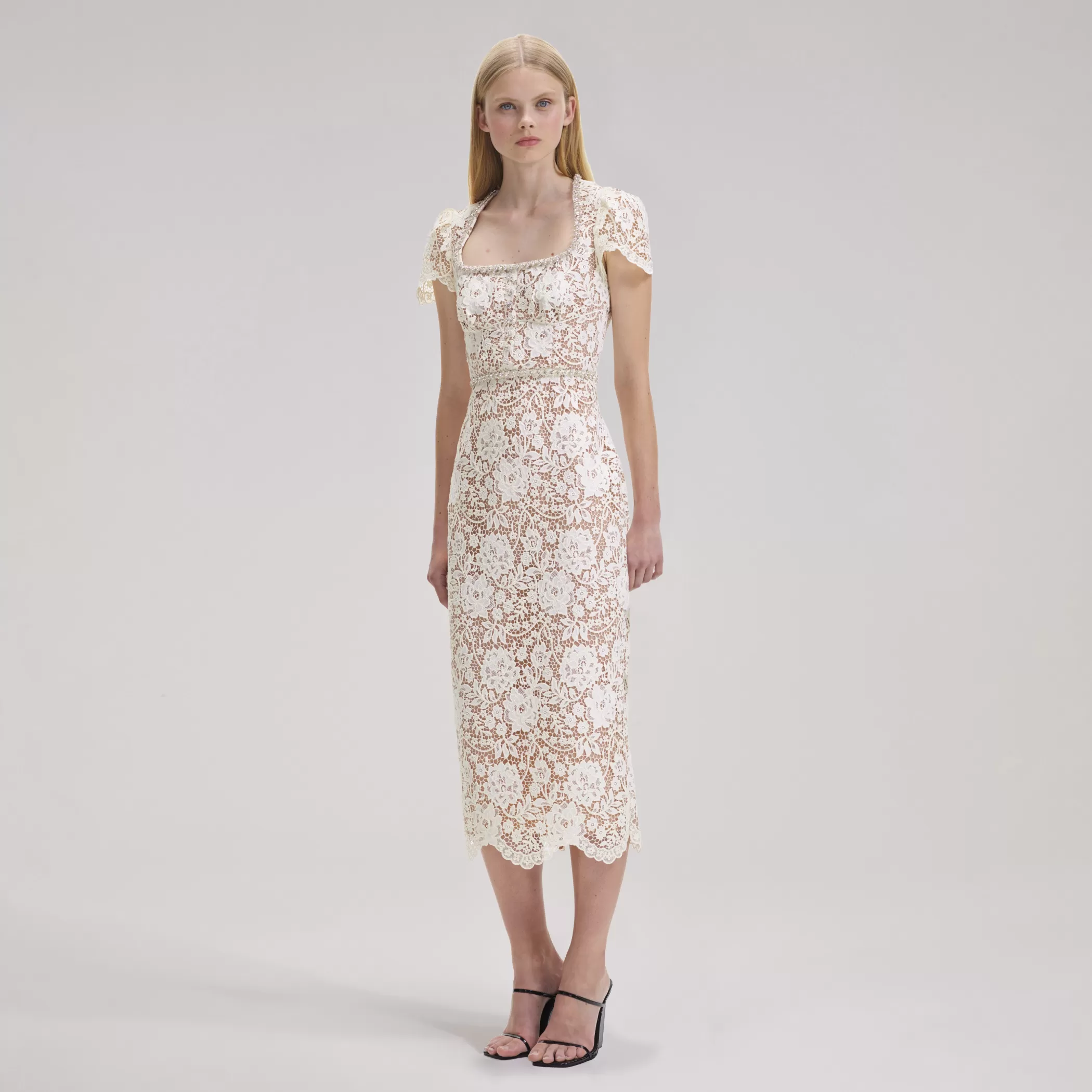 Self-Portrait > Cream Cord Lace Diamante Midi Dress