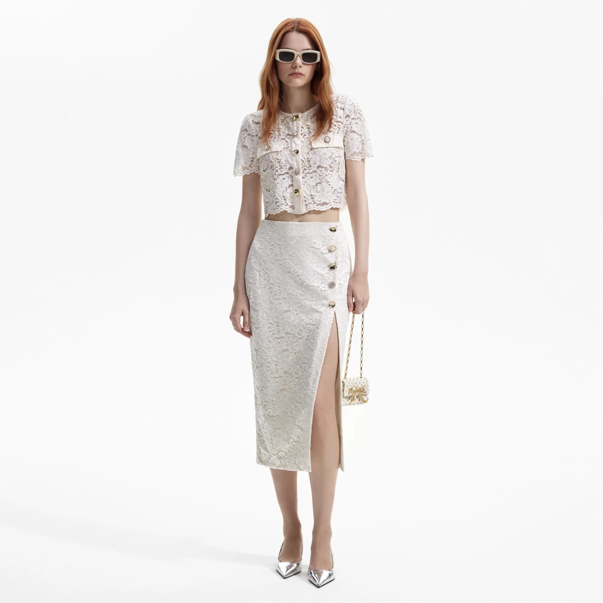 Self-Portrait > Cream Cord Lace Split Midi Skirt