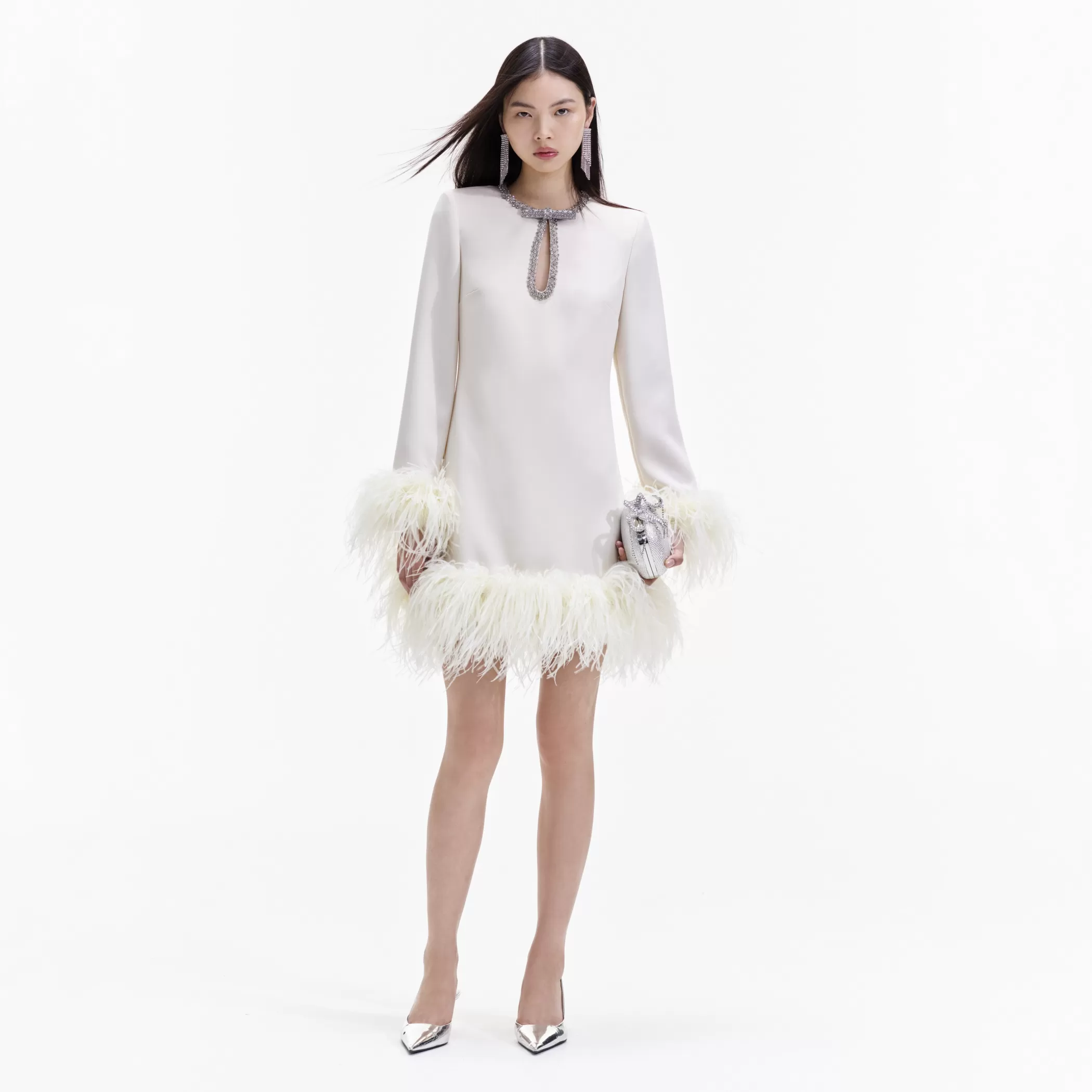 Self-Portrait > Cream Crepe Feather Mini Dress