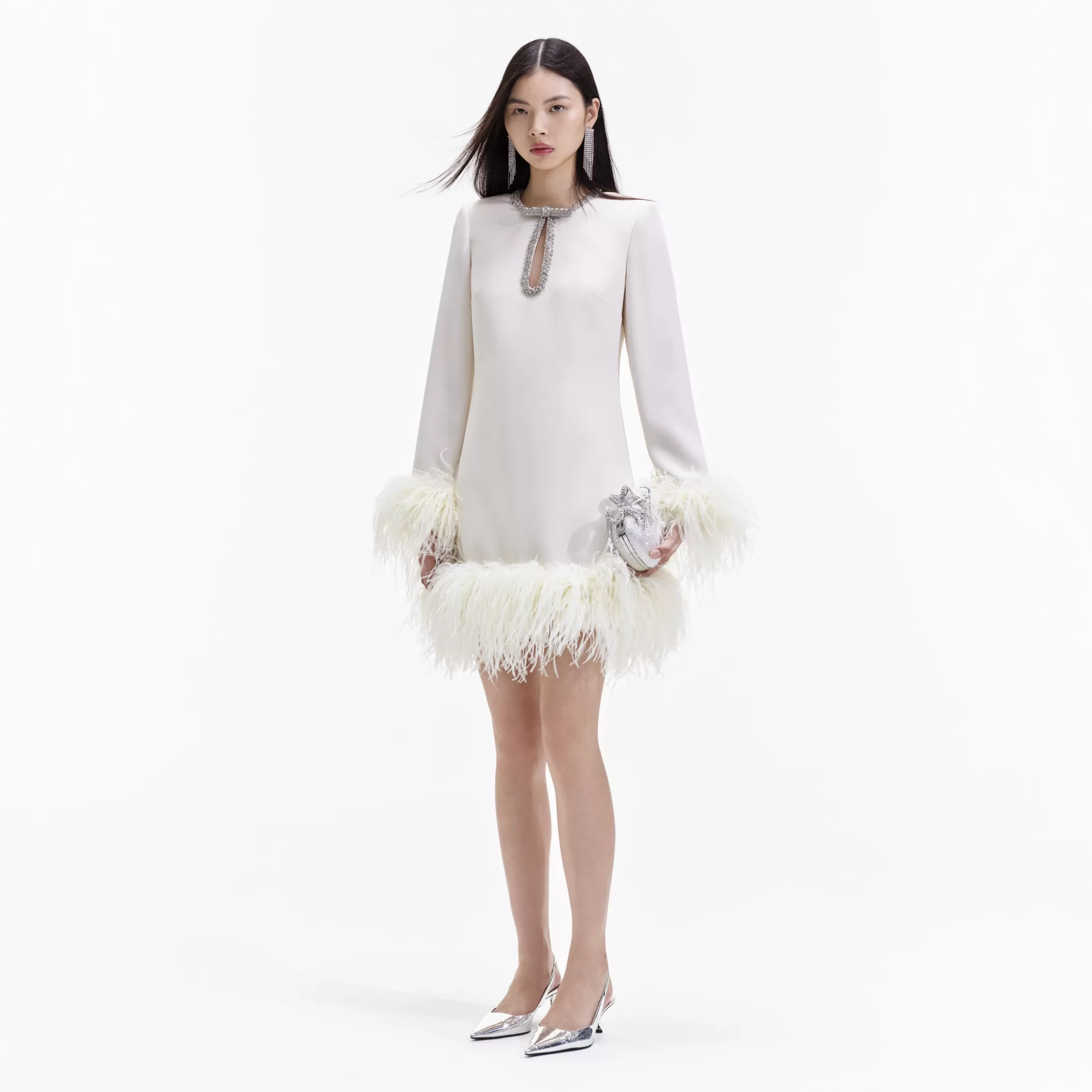 Self-Portrait > Cream Crepe Feather Mini Dress