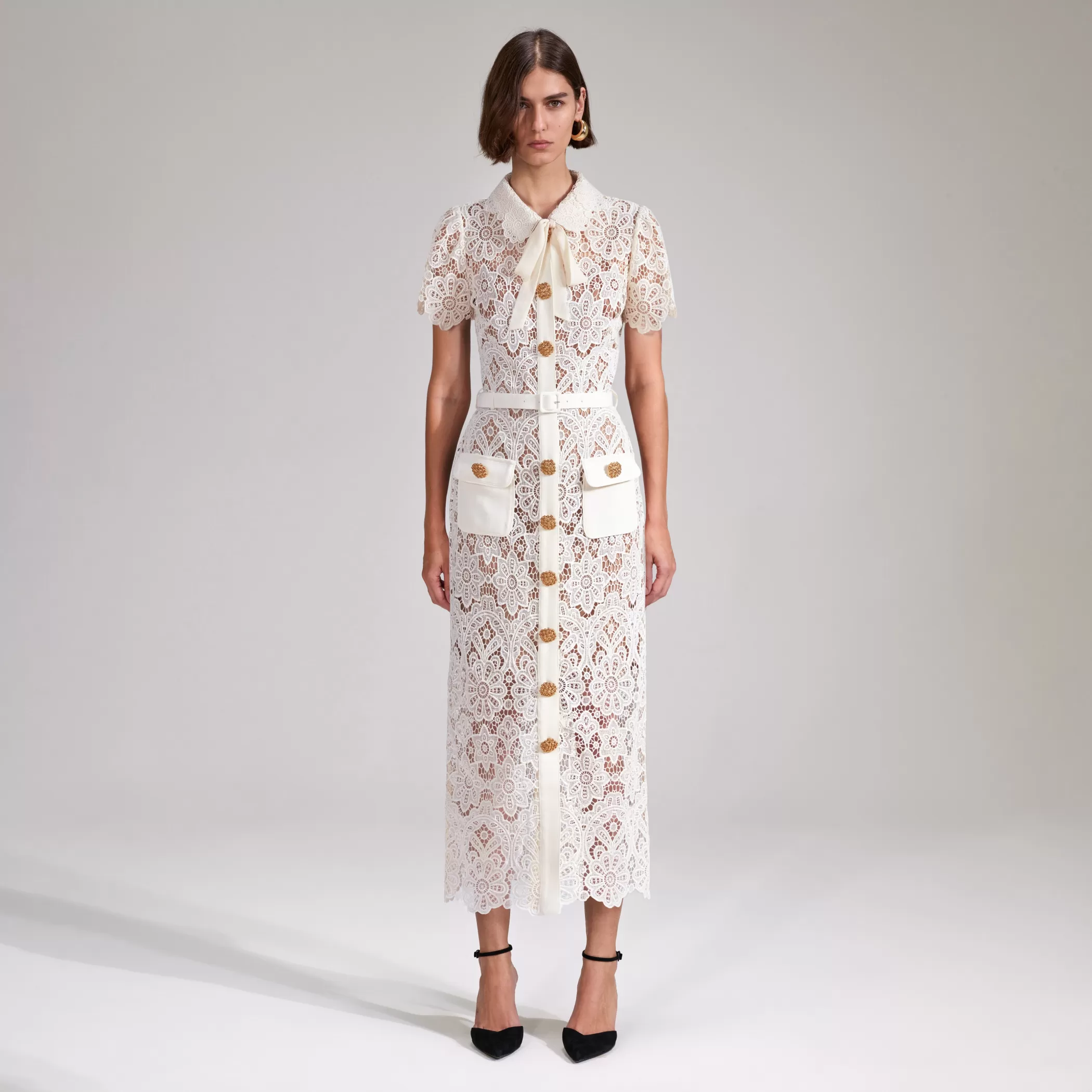 Self-Portrait > Cream Floral Guipure Midi Dress