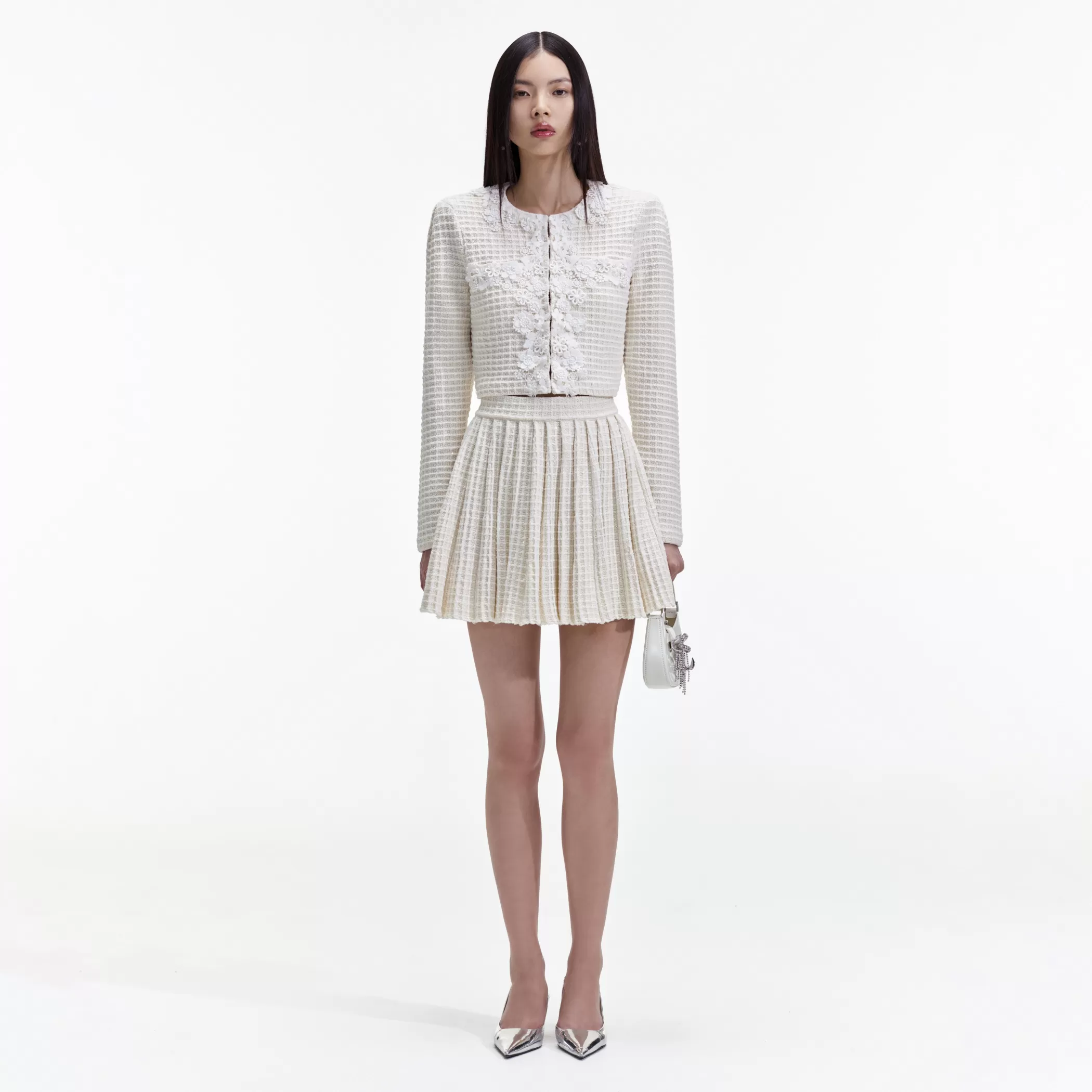 Self-Portrait > Cream Knit Floral Trim Cardigan