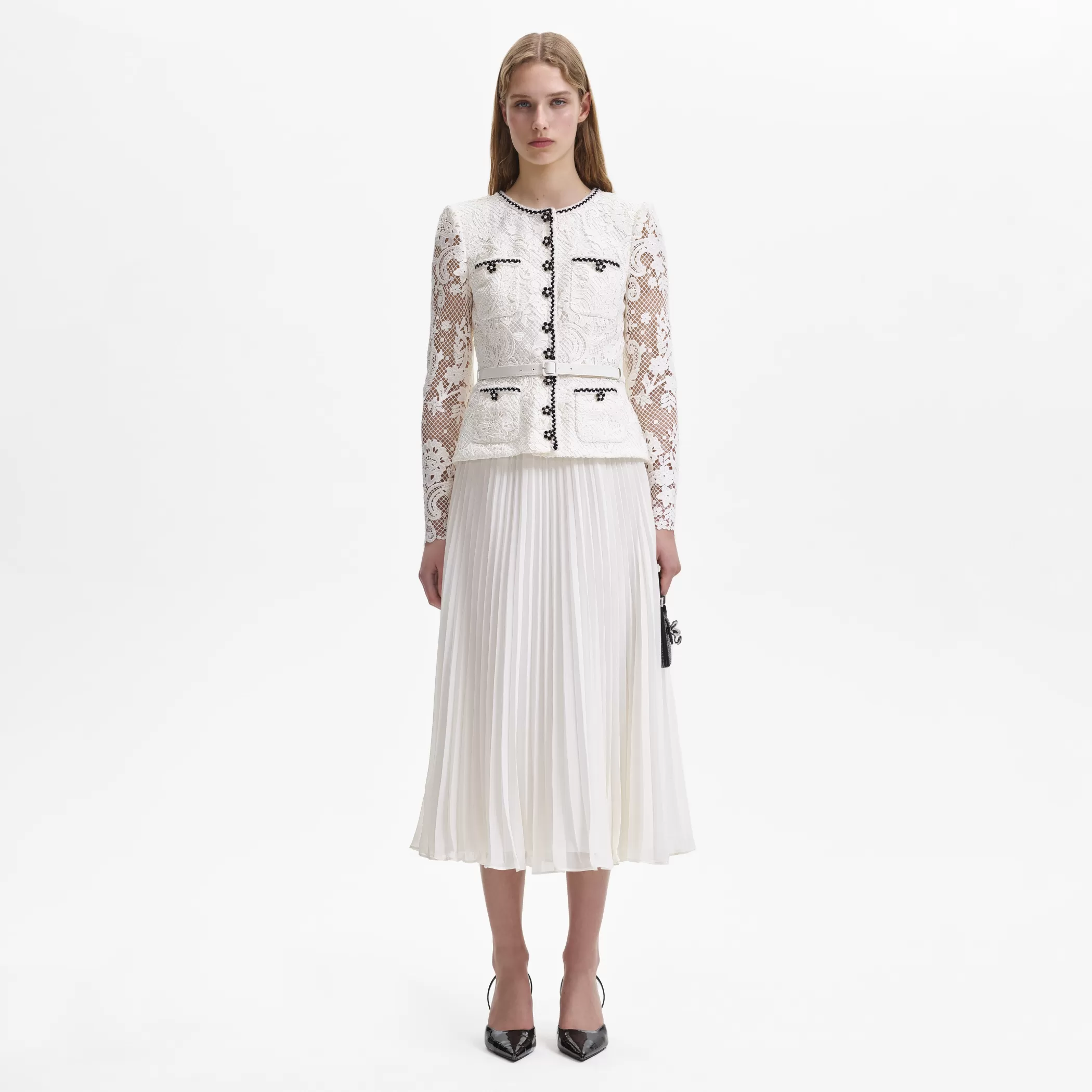 Self-Portrait > Cream Lace Chiffon Midi Dress