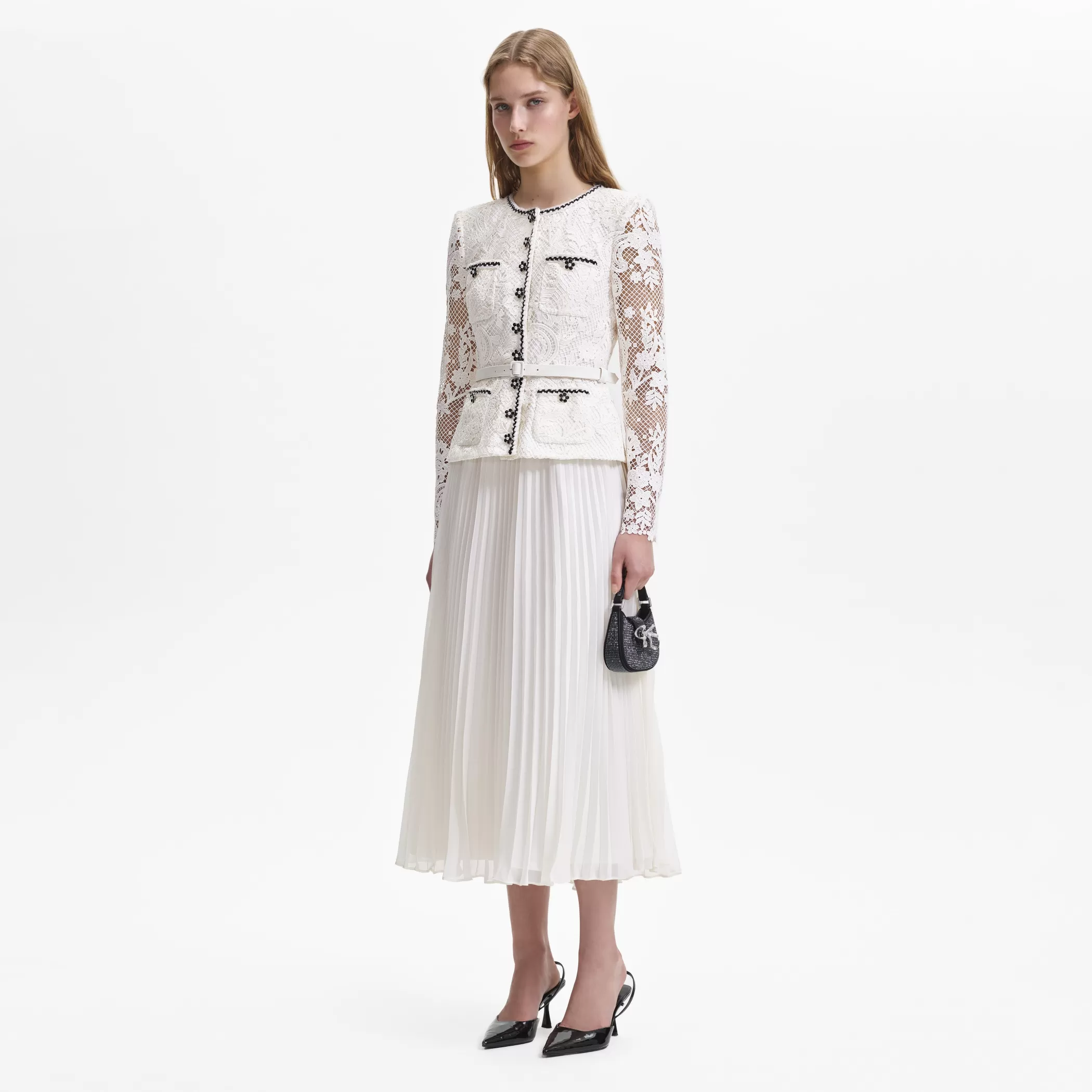 Self-Portrait > Cream Lace Chiffon Midi Dress