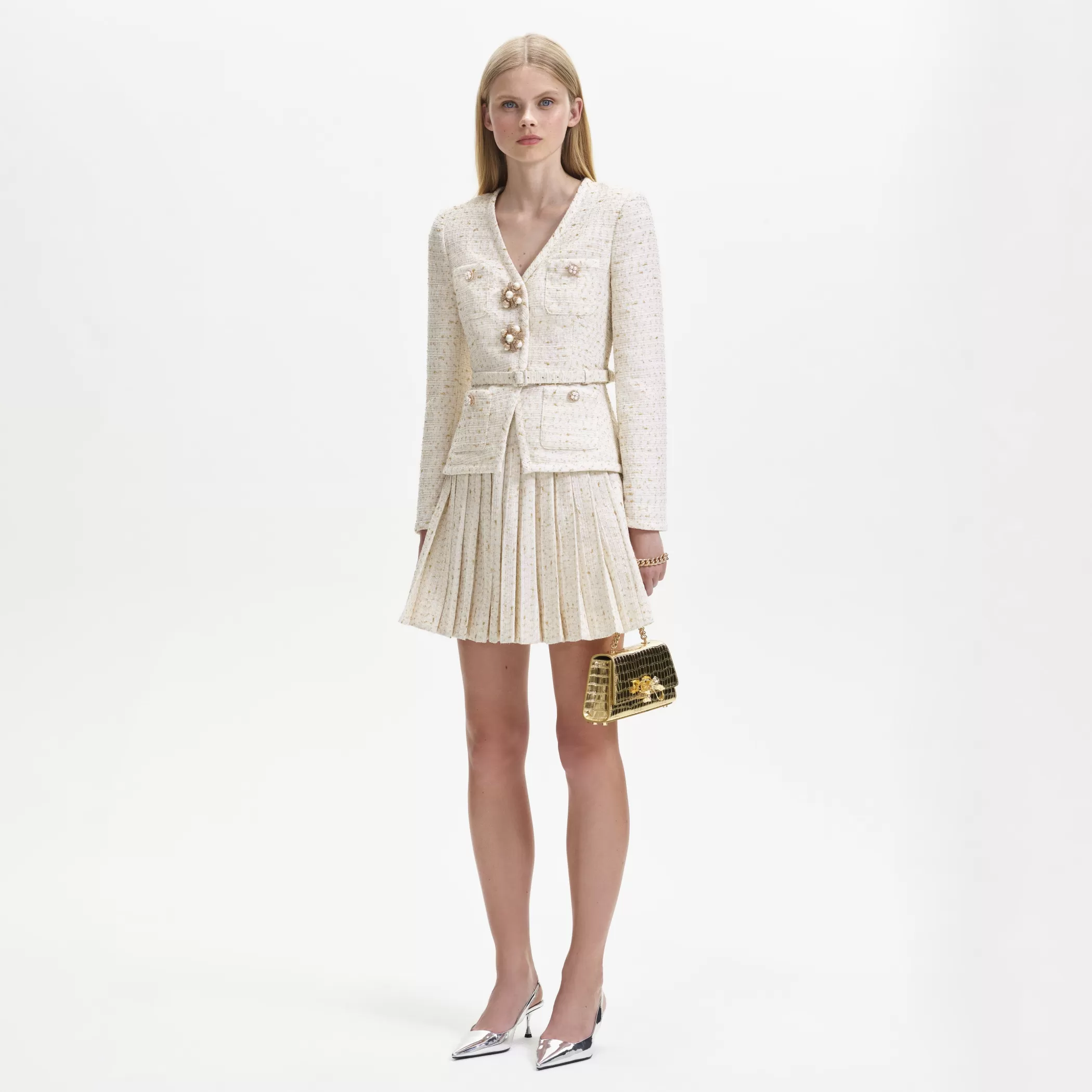 Self-Portrait > Cream Metallic Boucle Mini Jacket Dress