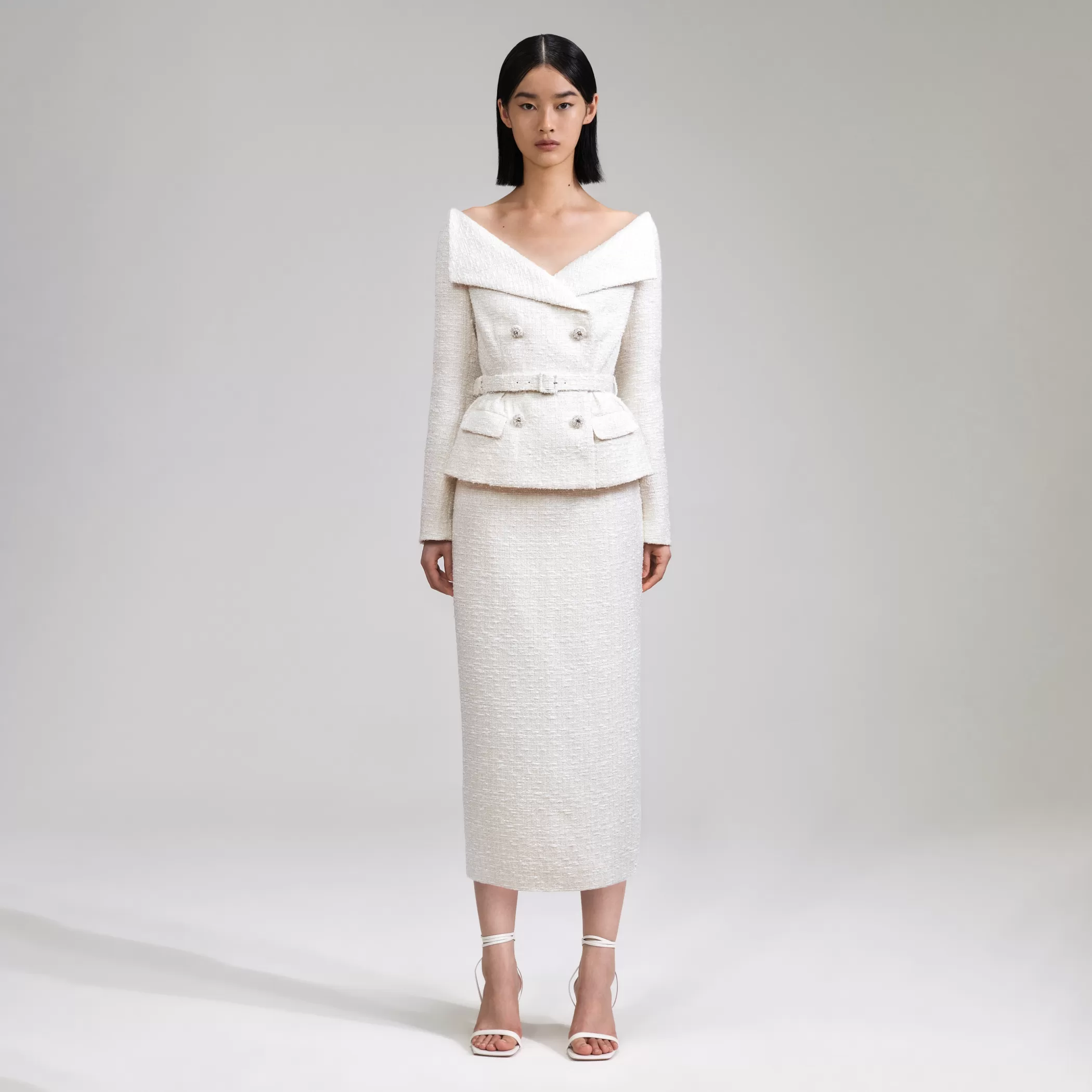 Self-Portrait > Cream Off Shoulder Boucle Midi Dress