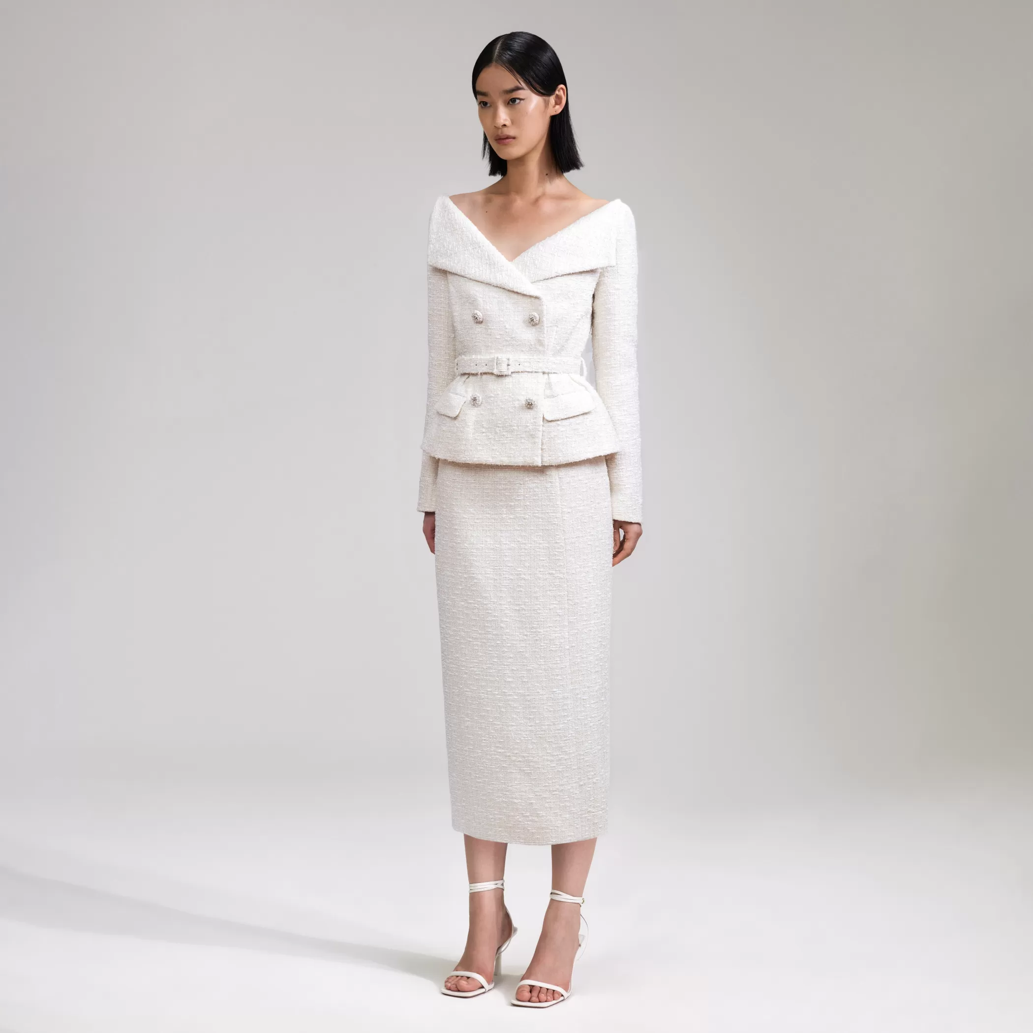 Self-Portrait > Cream Off Shoulder Boucle Midi Dress