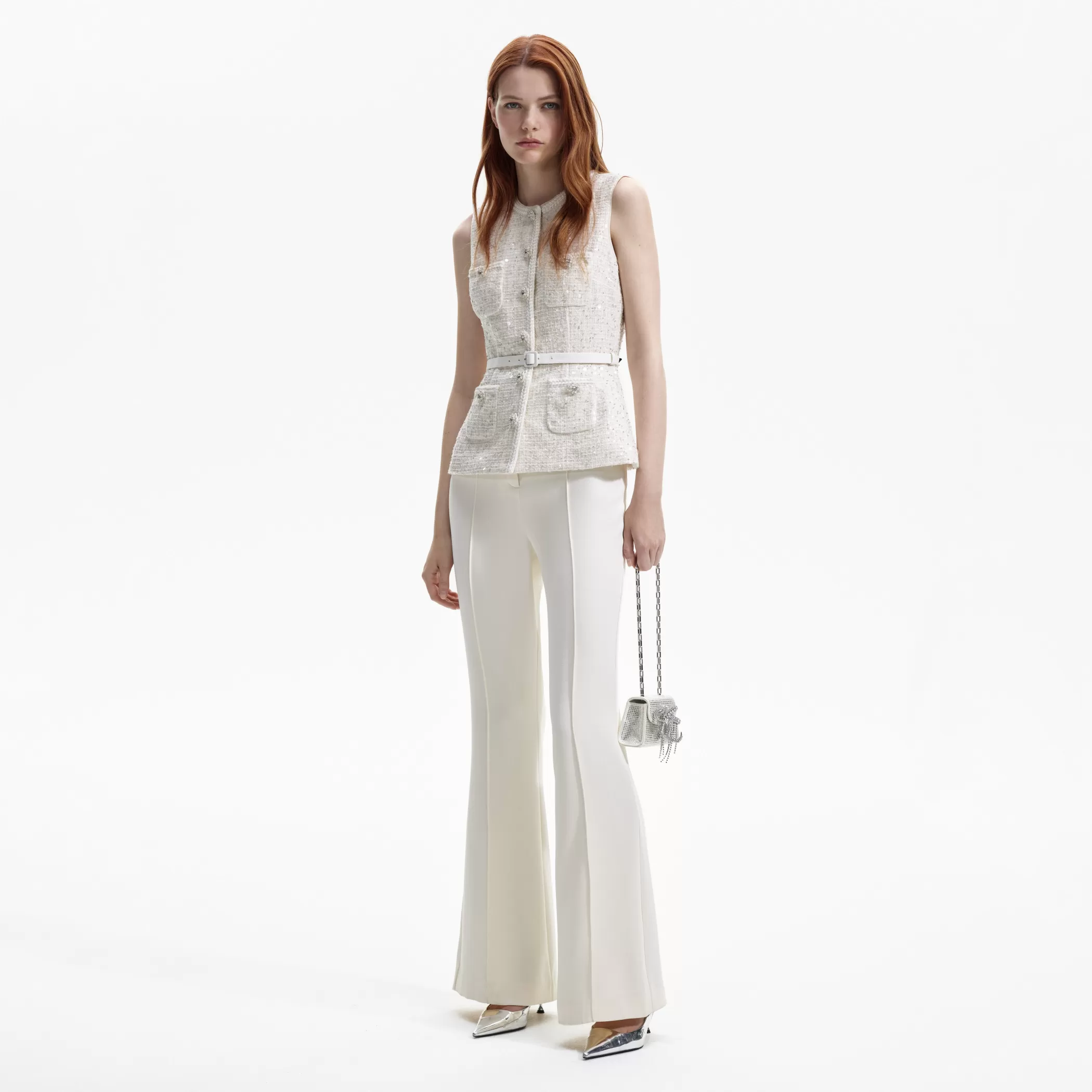 Self-Portrait > Cream Sequin Boucle Jumpsuit