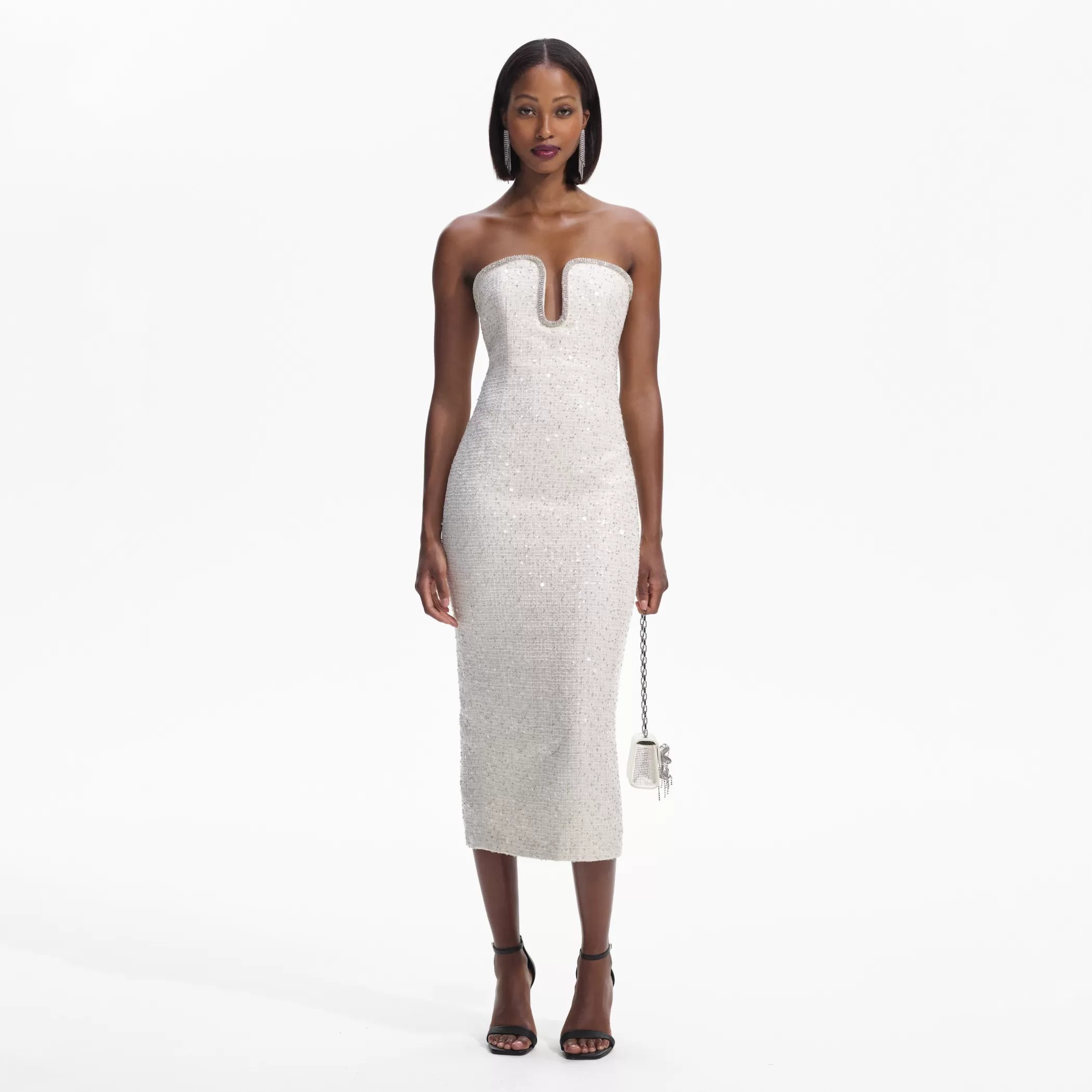 Self-Portrait > Cream Sequin Boucle Strapless Midi Dress