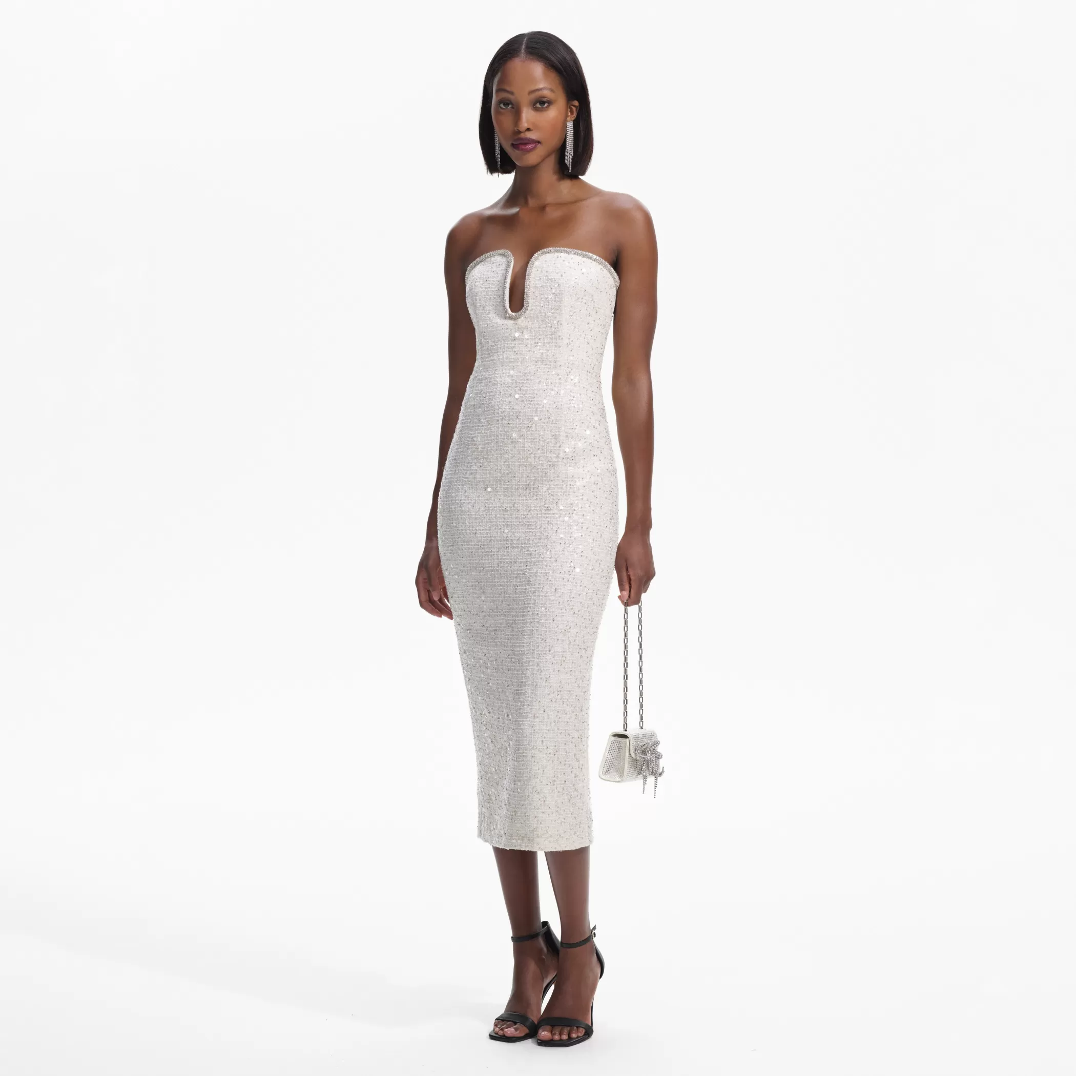 Self-Portrait > Cream Sequin Boucle Strapless Midi Dress