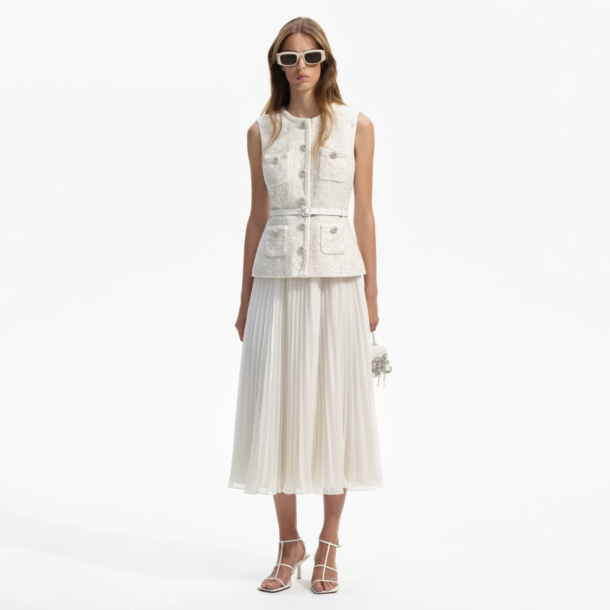 Self-Portrait > Cream Sequin Boucle Tailored Midi Dress