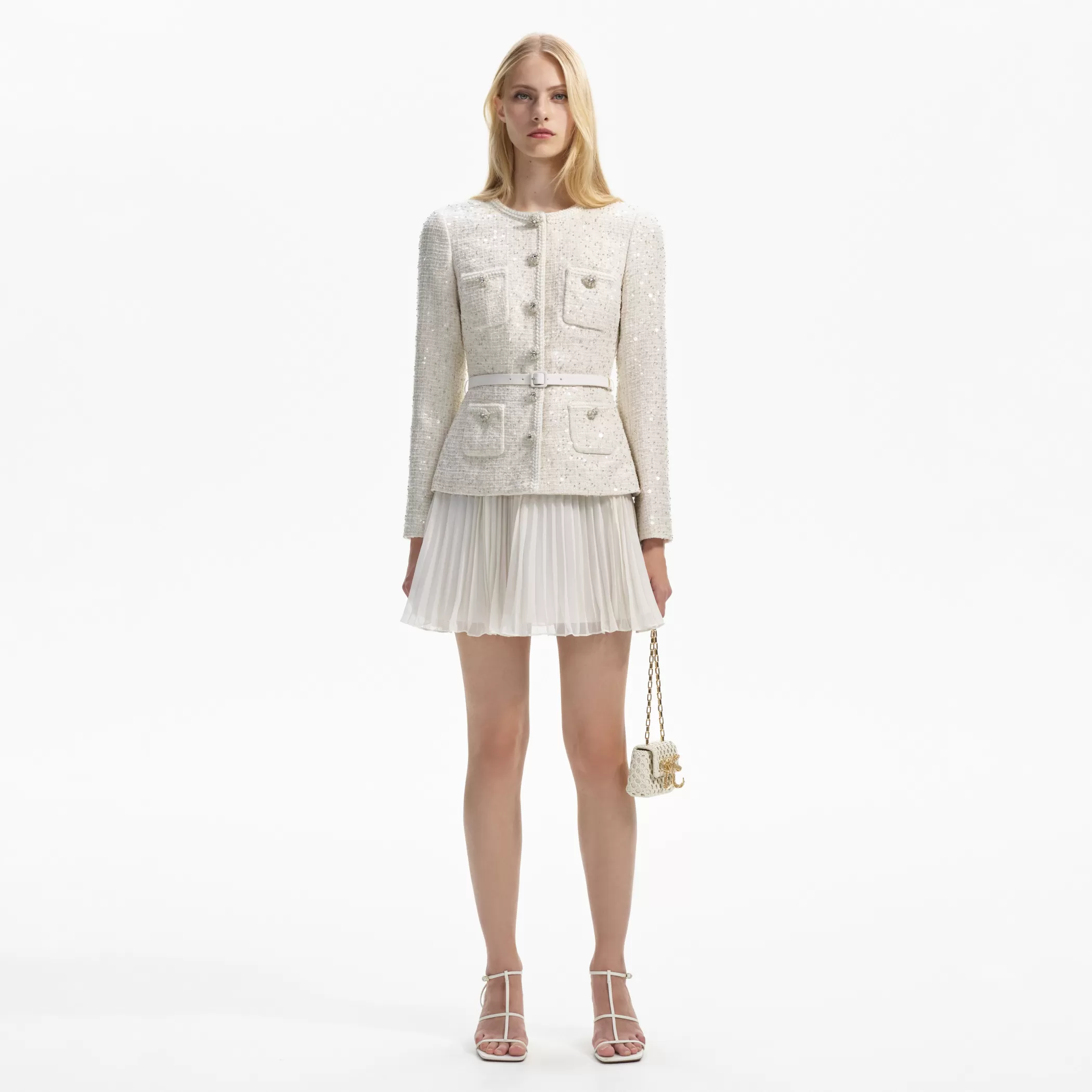 Self-Portrait > Cream Sequin Boucle Tailored Mini Dress