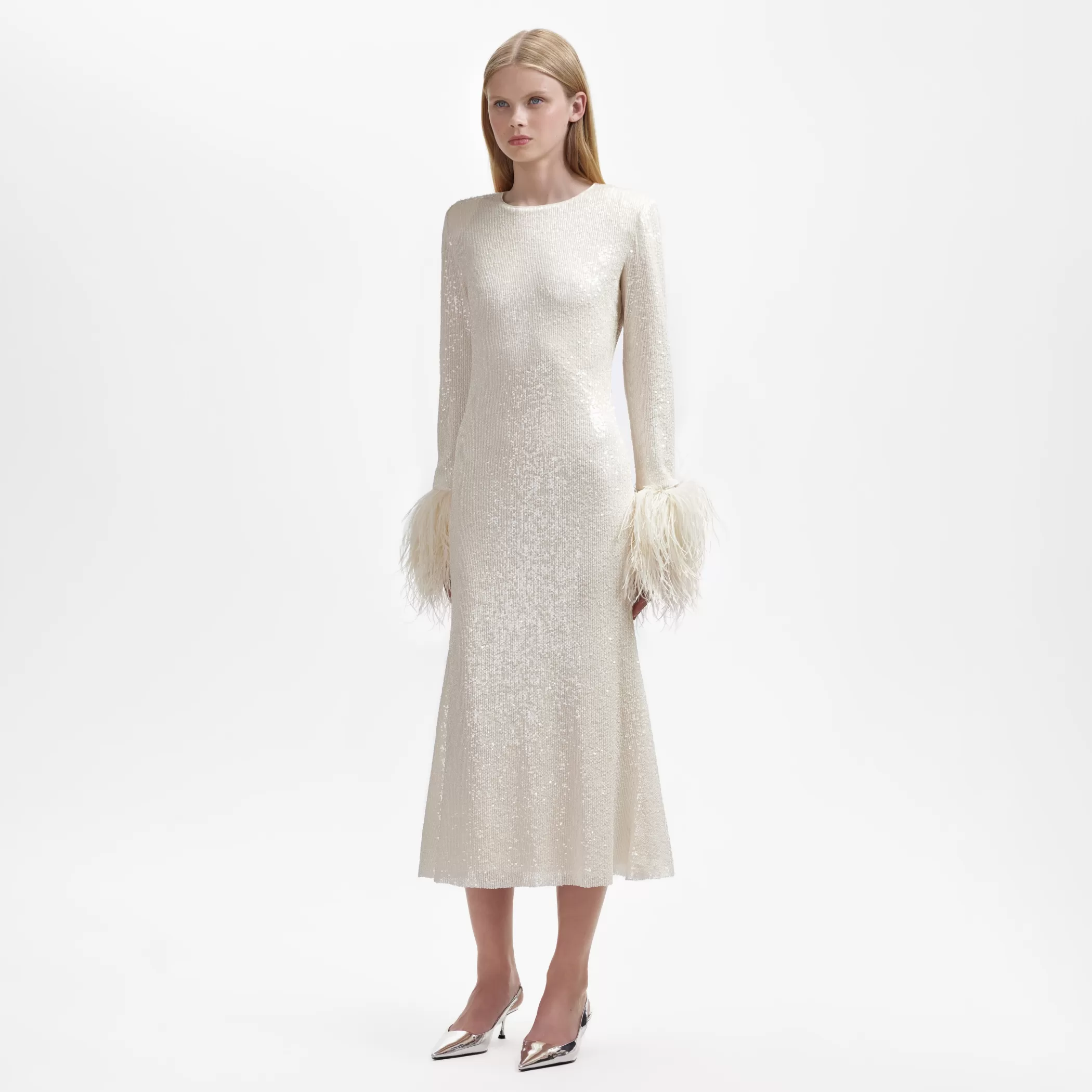 Self-Portrait > Cream Sequin Feather Midi Dress