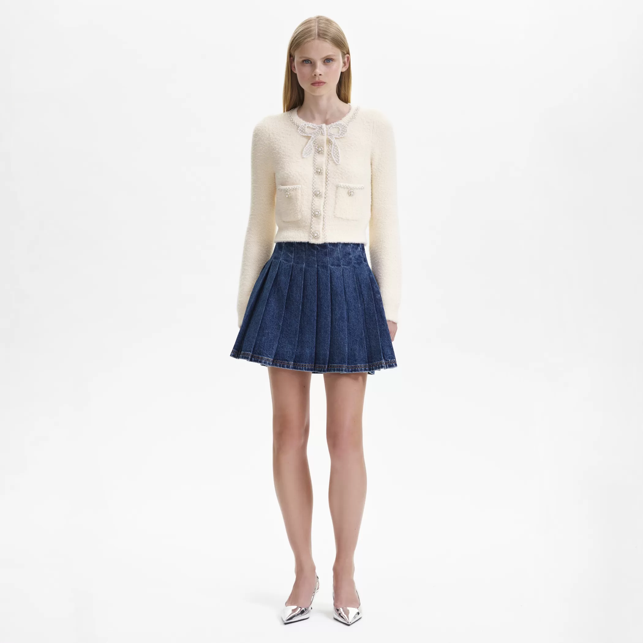 Self-Portrait > Cream Soft Knit Bow Cardigan