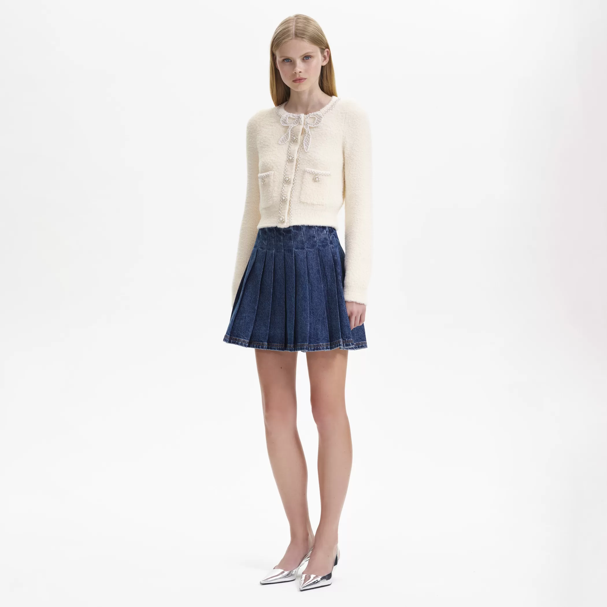 Self-Portrait > Cream Soft Knit Bow Cardigan