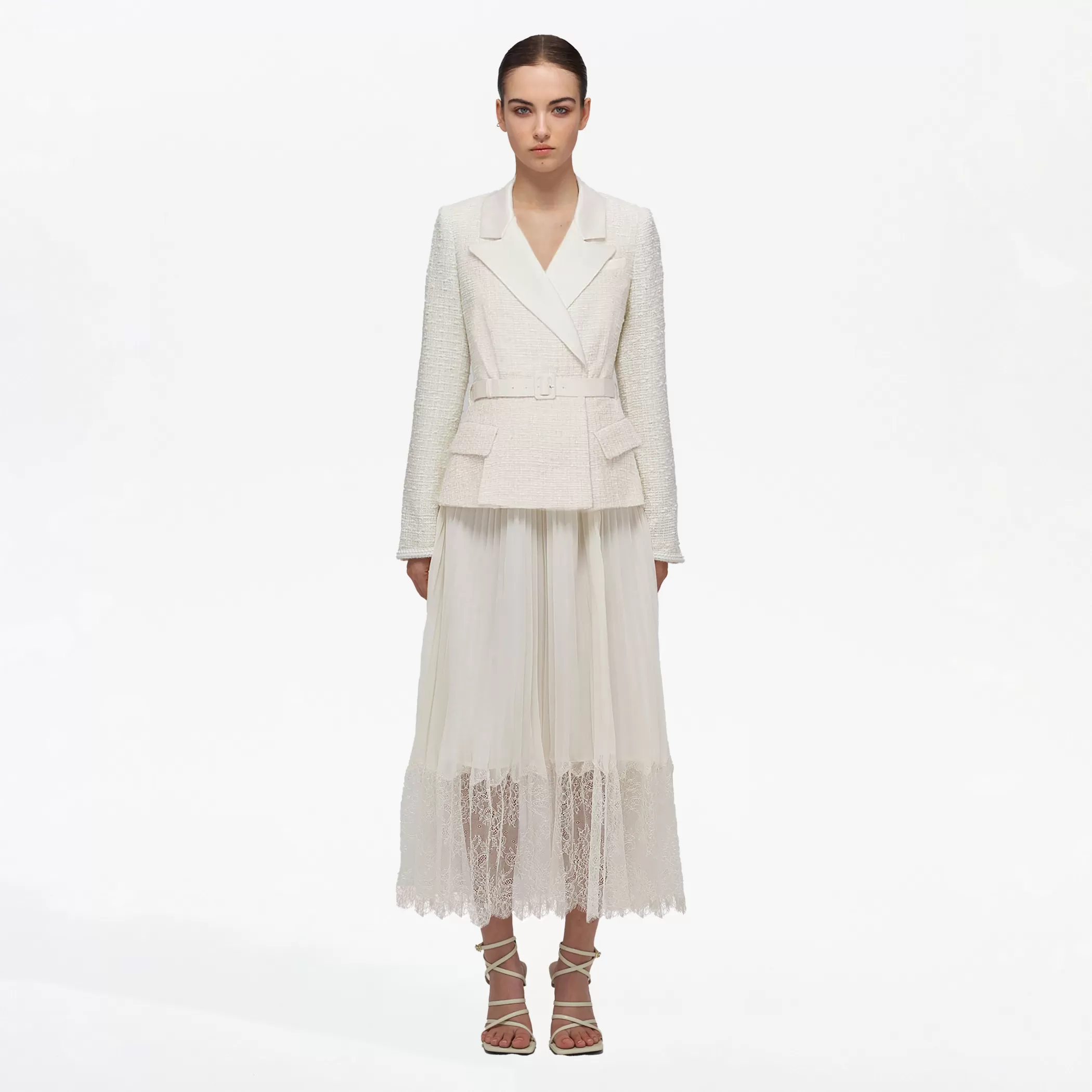 Self-Portrait > Cream Tailored Bouclé And Chiffon Midi Dress