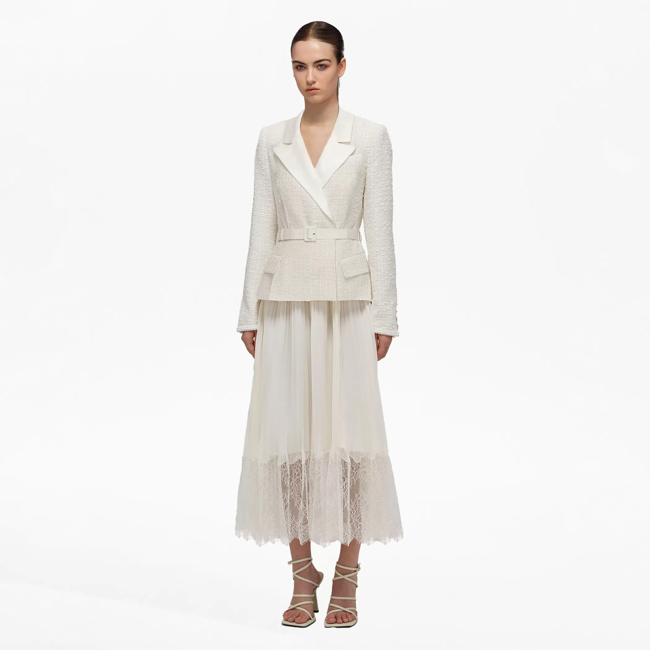 Self-Portrait > Cream Tailored Bouclé And Chiffon Midi Dress