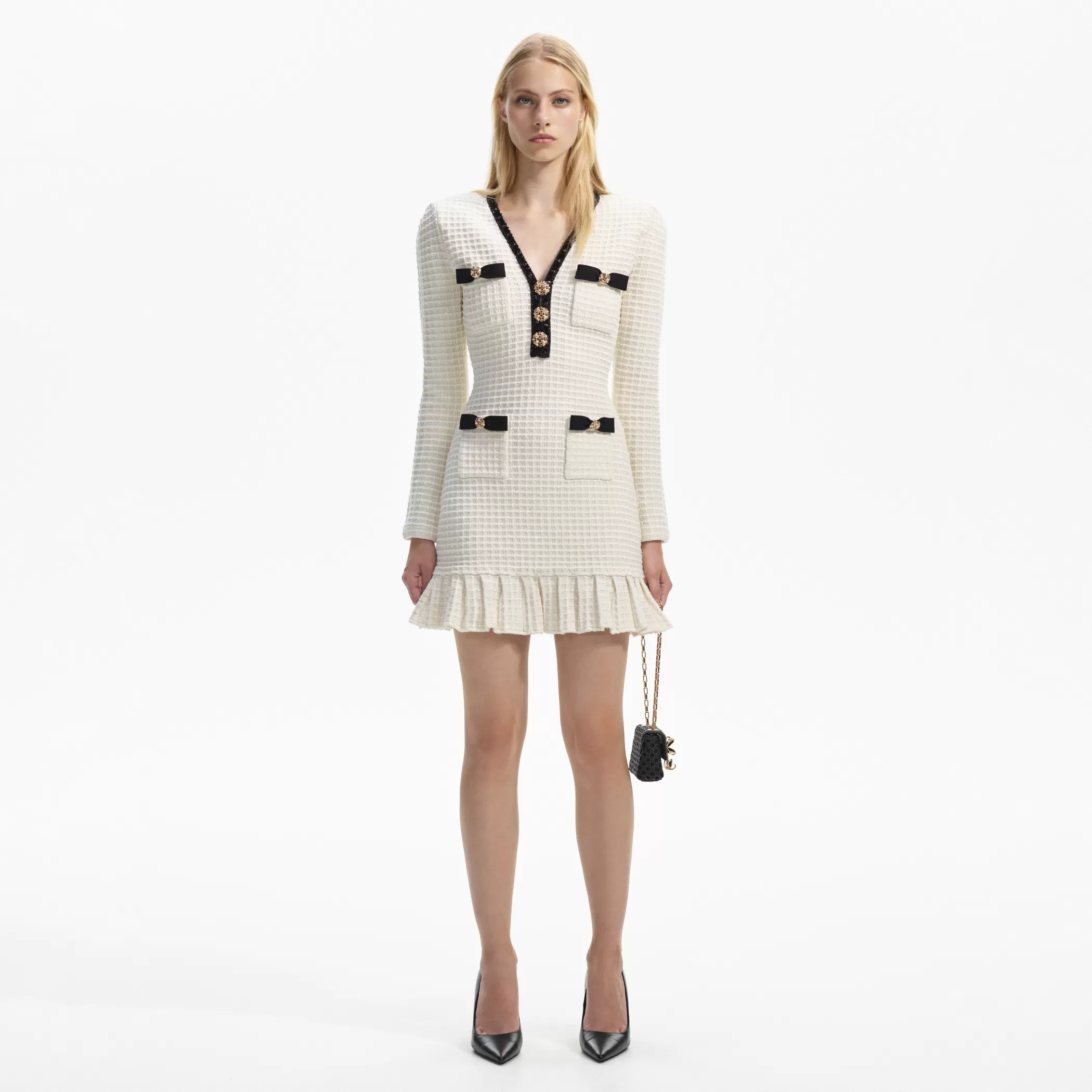 Self-Portrait > Cream Textured Knit Mini Dress