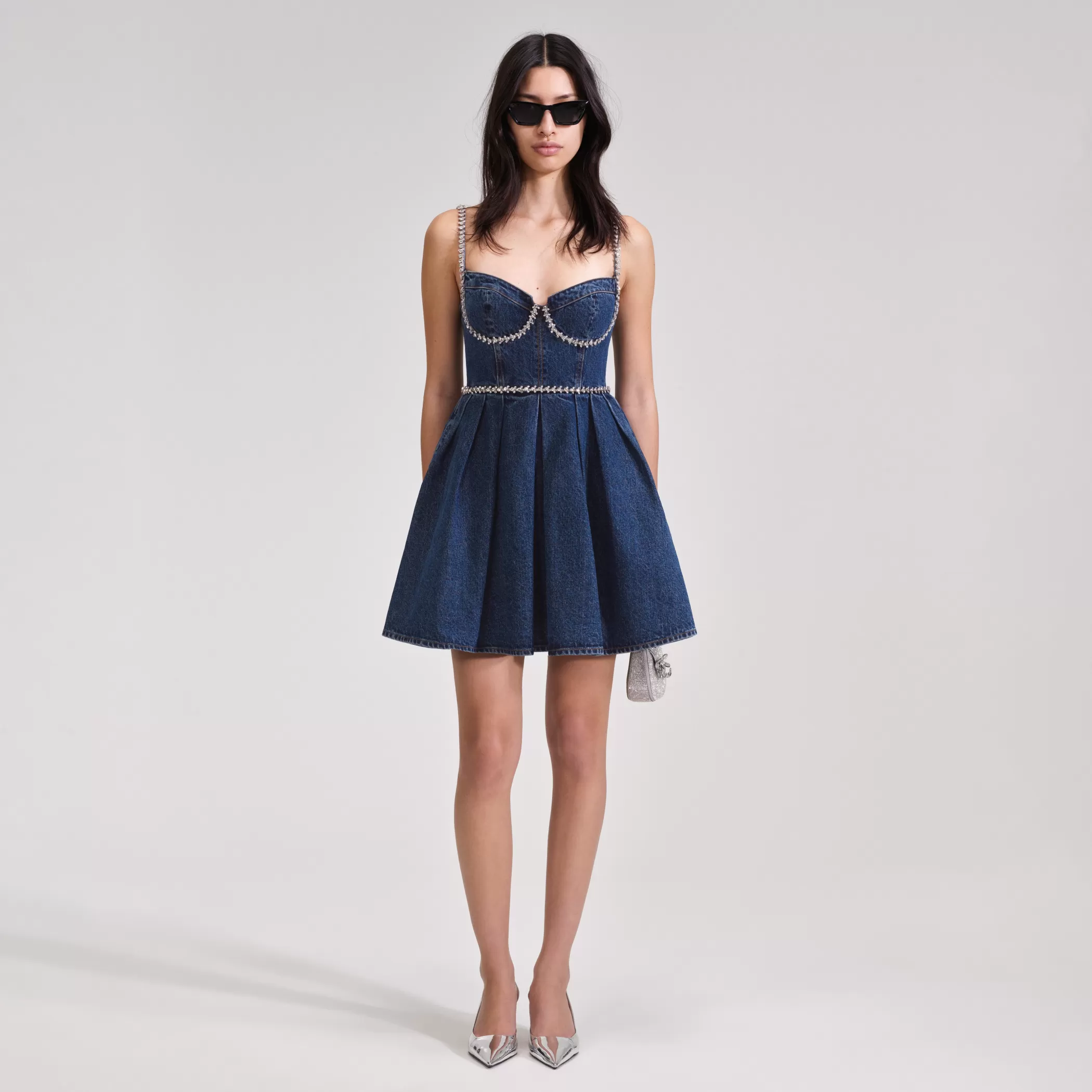 Self-Portrait > Diamante Detail Denim Mini Dress