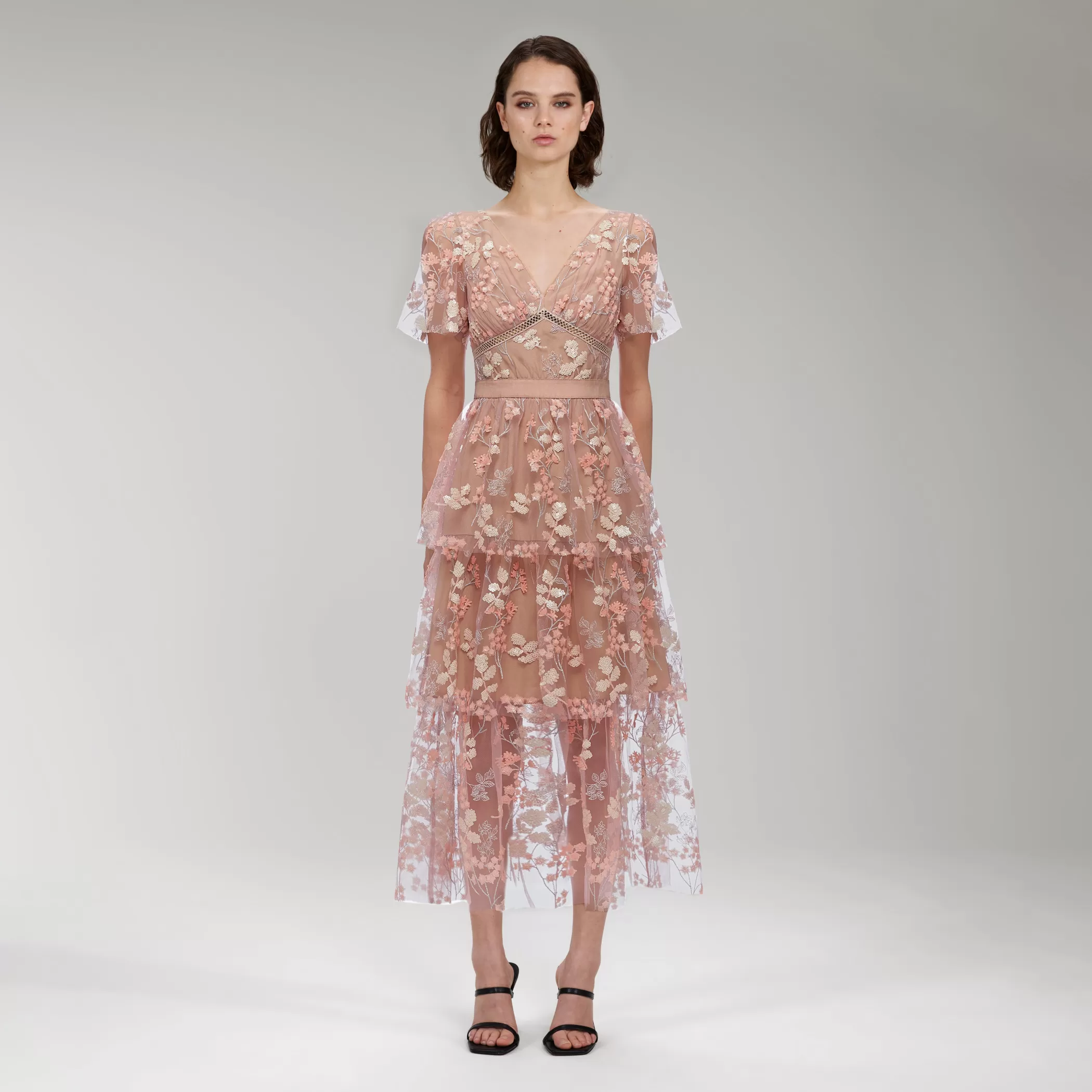 Self-Portrait > Flower Mesh Tiered Midi Dress