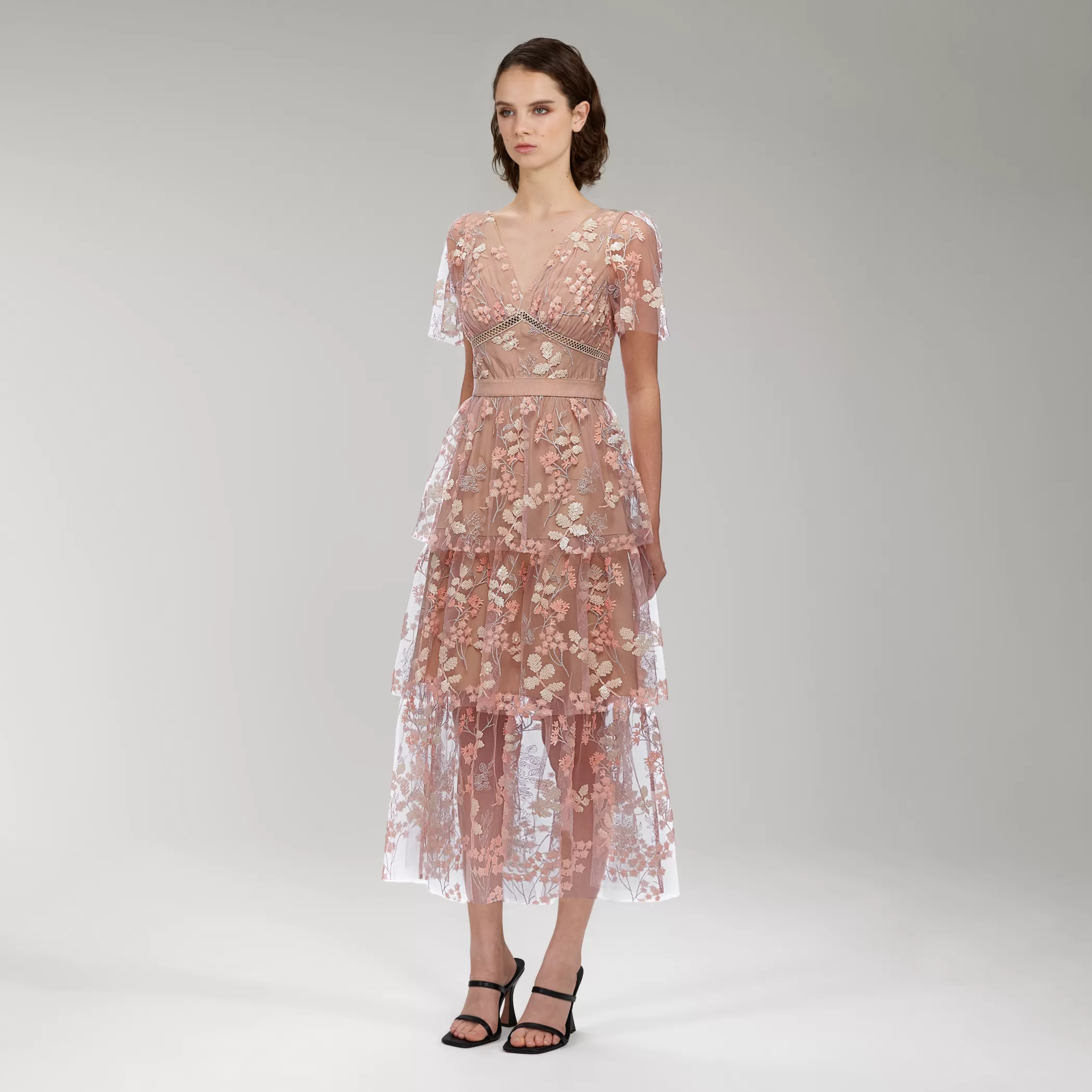 Self-Portrait > Flower Mesh Tiered Midi Dress