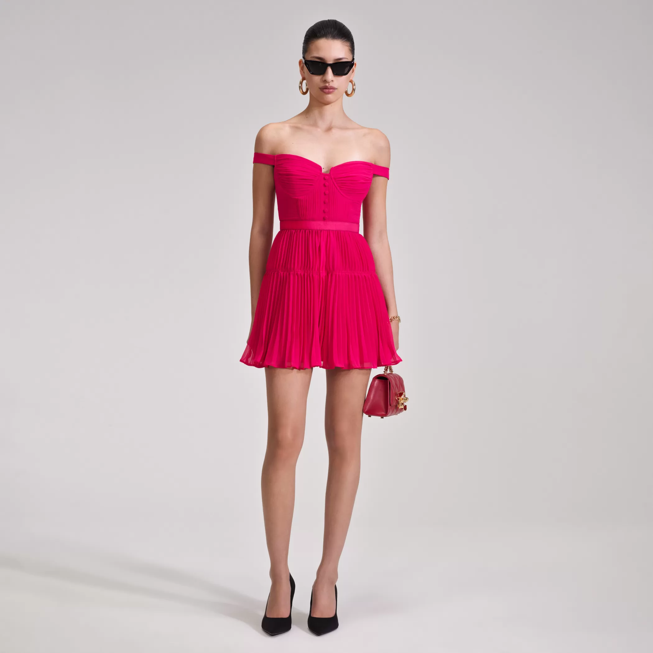 Self-Portrait > Fuchsia Chiffon Off Shoulder Mini Dress