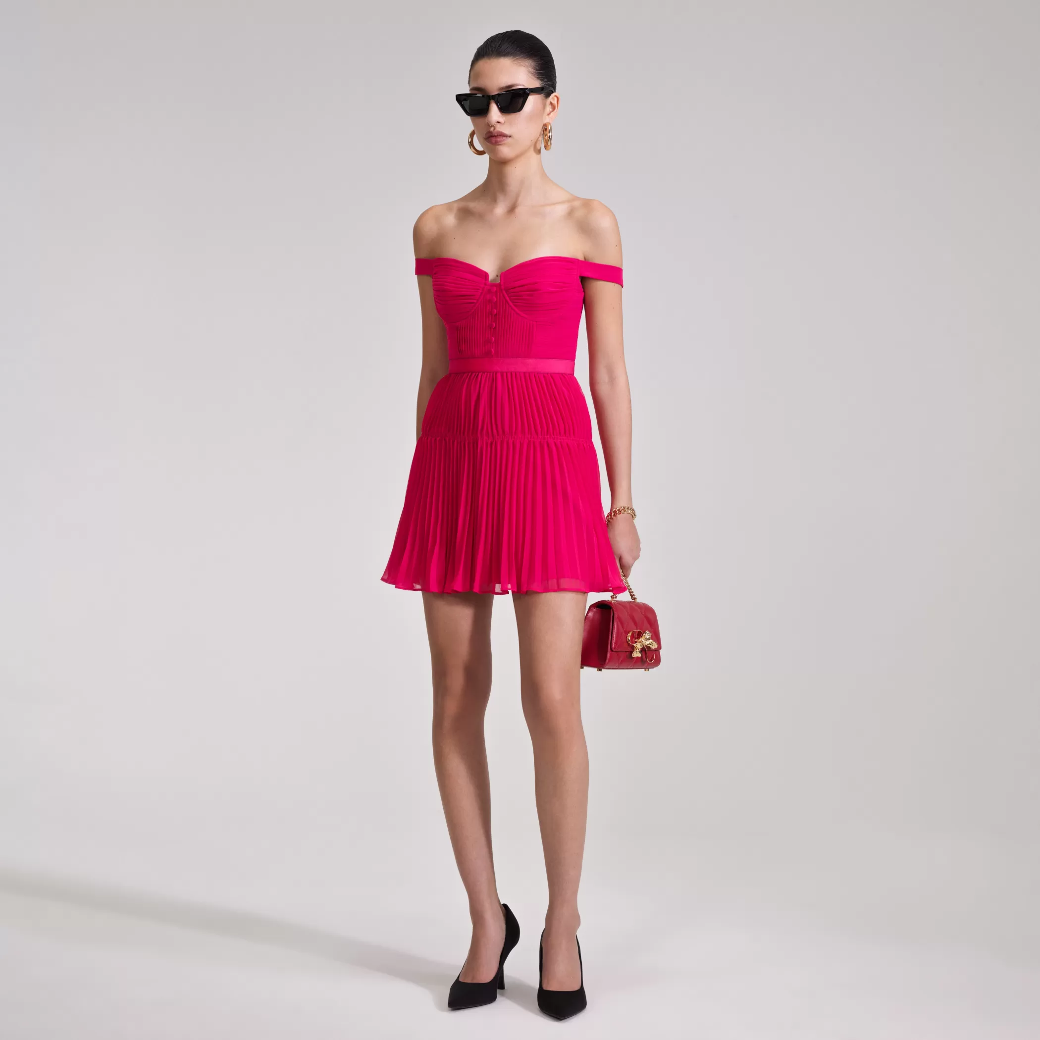 Self-Portrait > Fuchsia Chiffon Off Shoulder Mini Dress