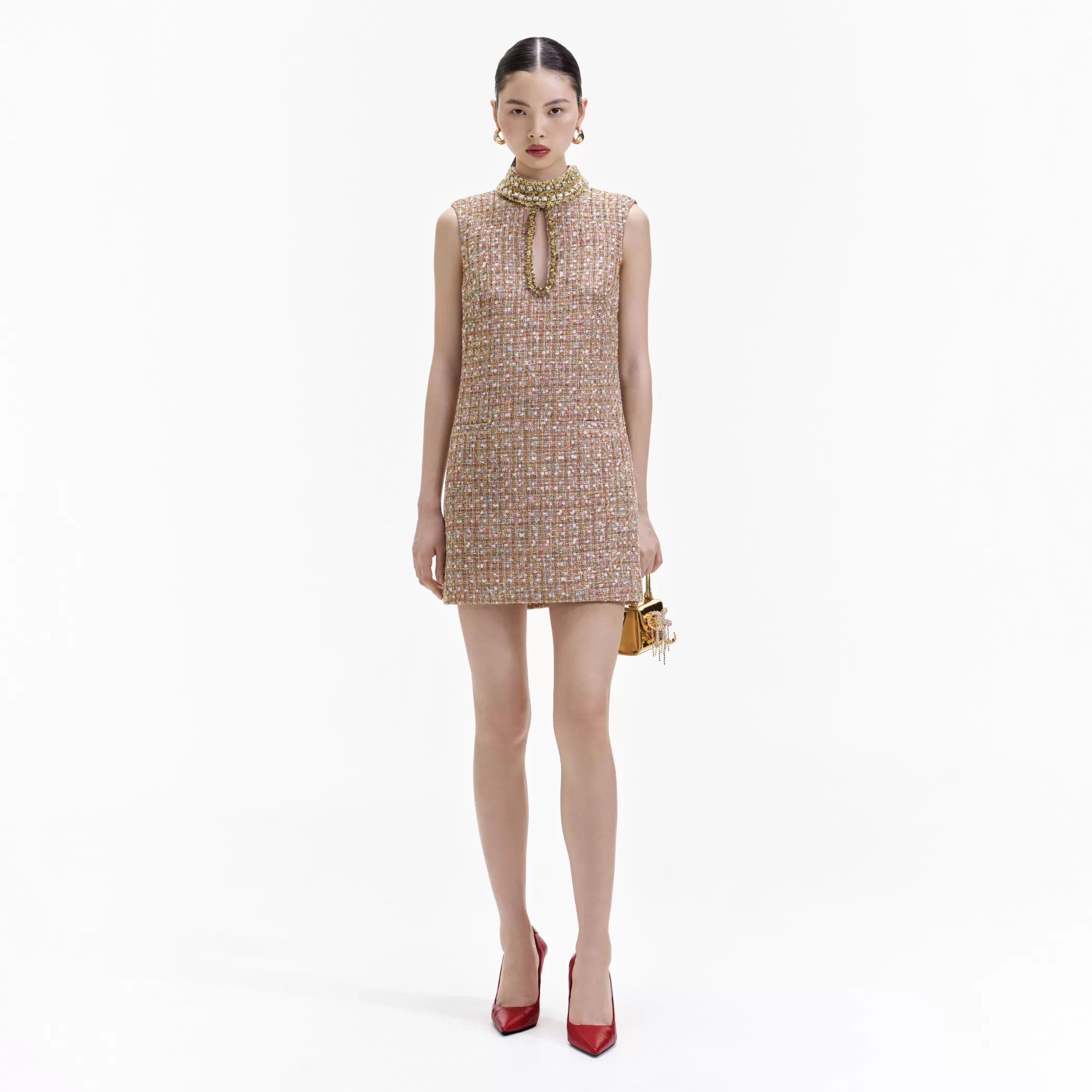 Self-Portrait > Gold Tinsel Boucle Embellished Mini Dress