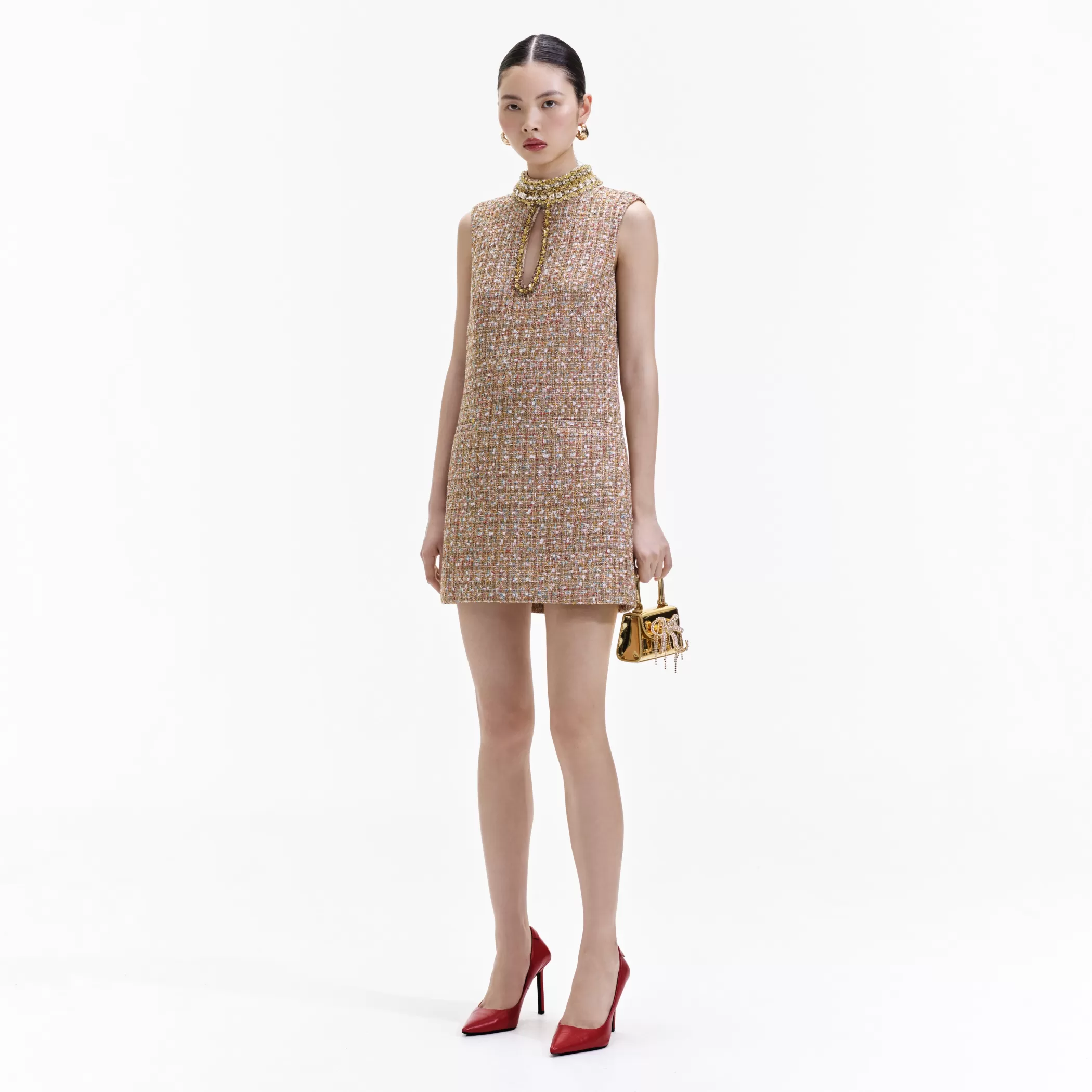 Self-Portrait > Gold Tinsel Boucle Embellished Mini Dress