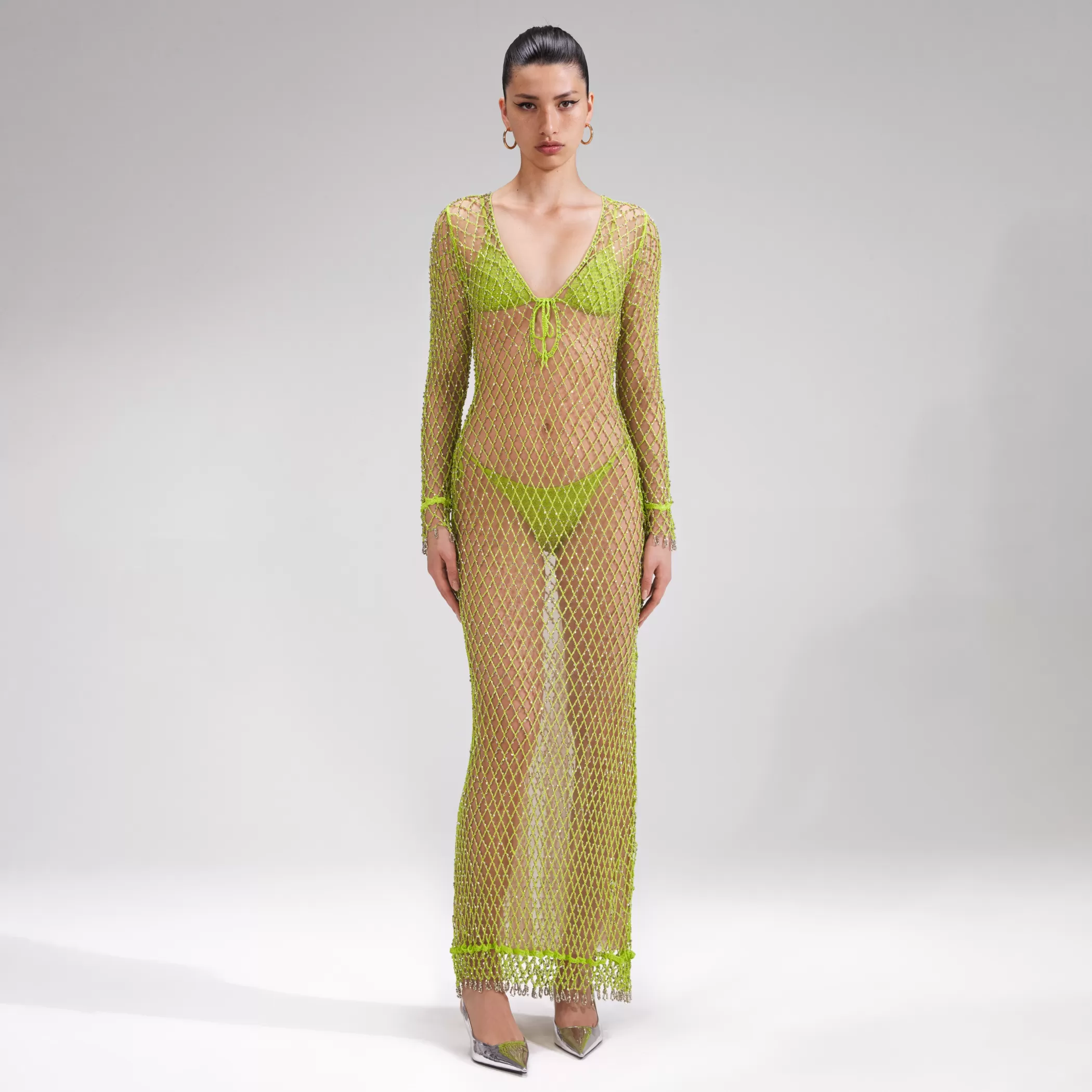 Self-Portrait > Green Beaded Fishnet Midi Dress