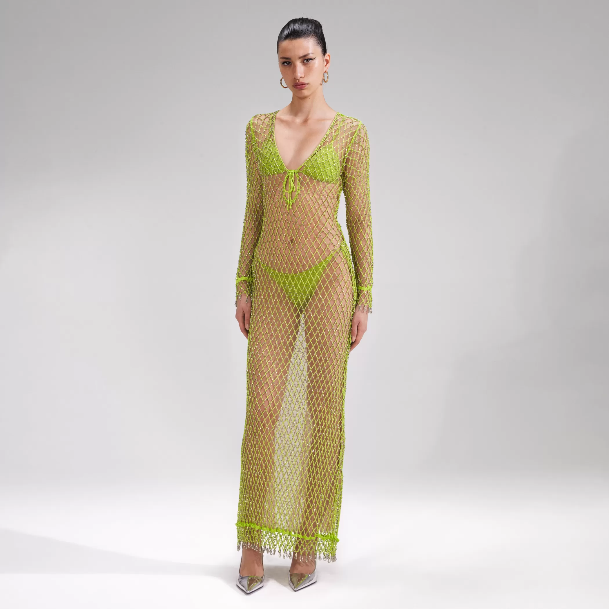 Self-Portrait > Green Beaded Fishnet Midi Dress