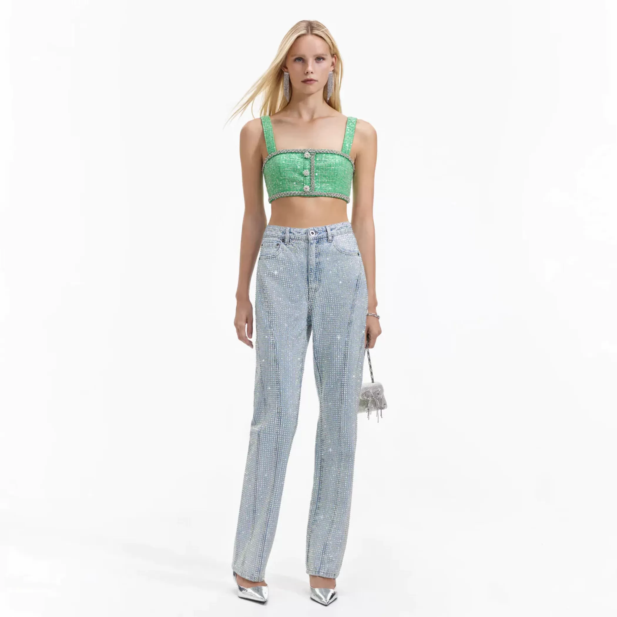 Self-Portrait > Green Boucle Crop Top