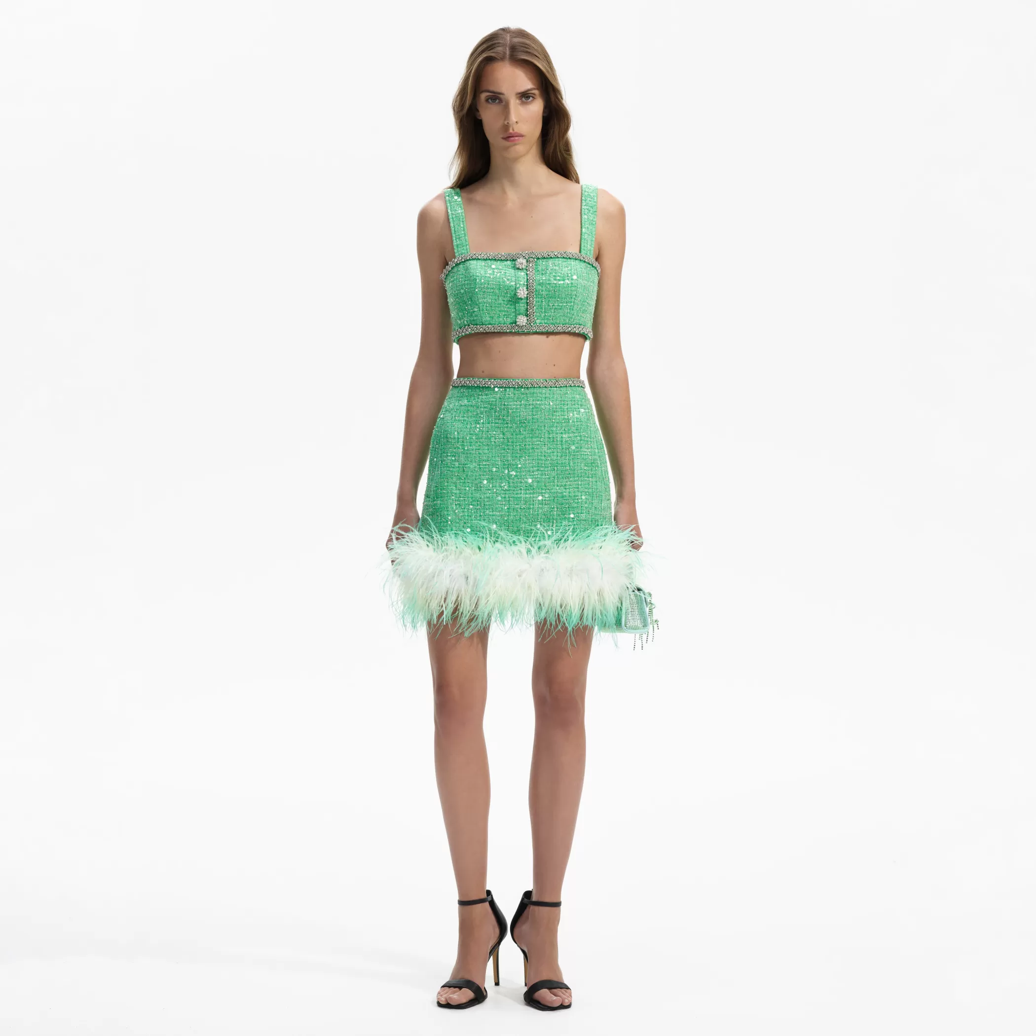 Self-Portrait > Green Boucle Feather Mini Skirt