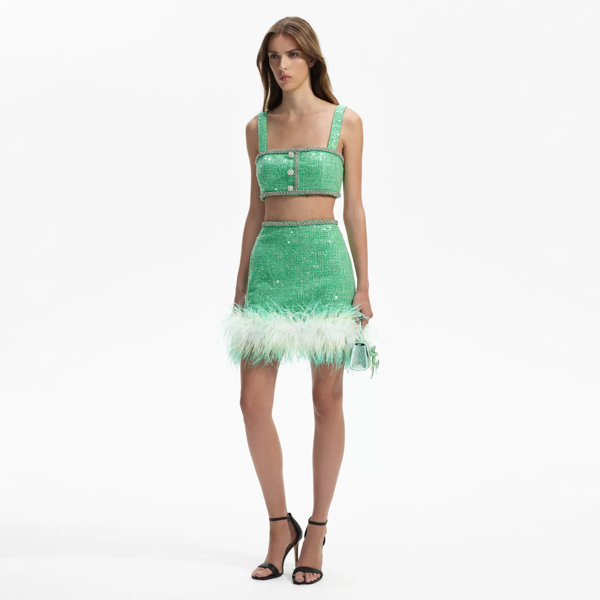 Self-Portrait > Green Boucle Feather Mini Skirt