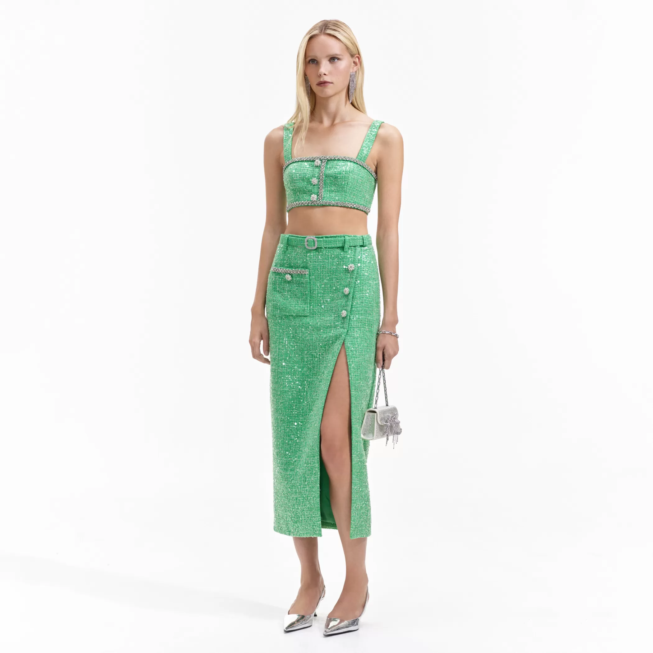 Self-Portrait > Green Boucle Midi Skirt